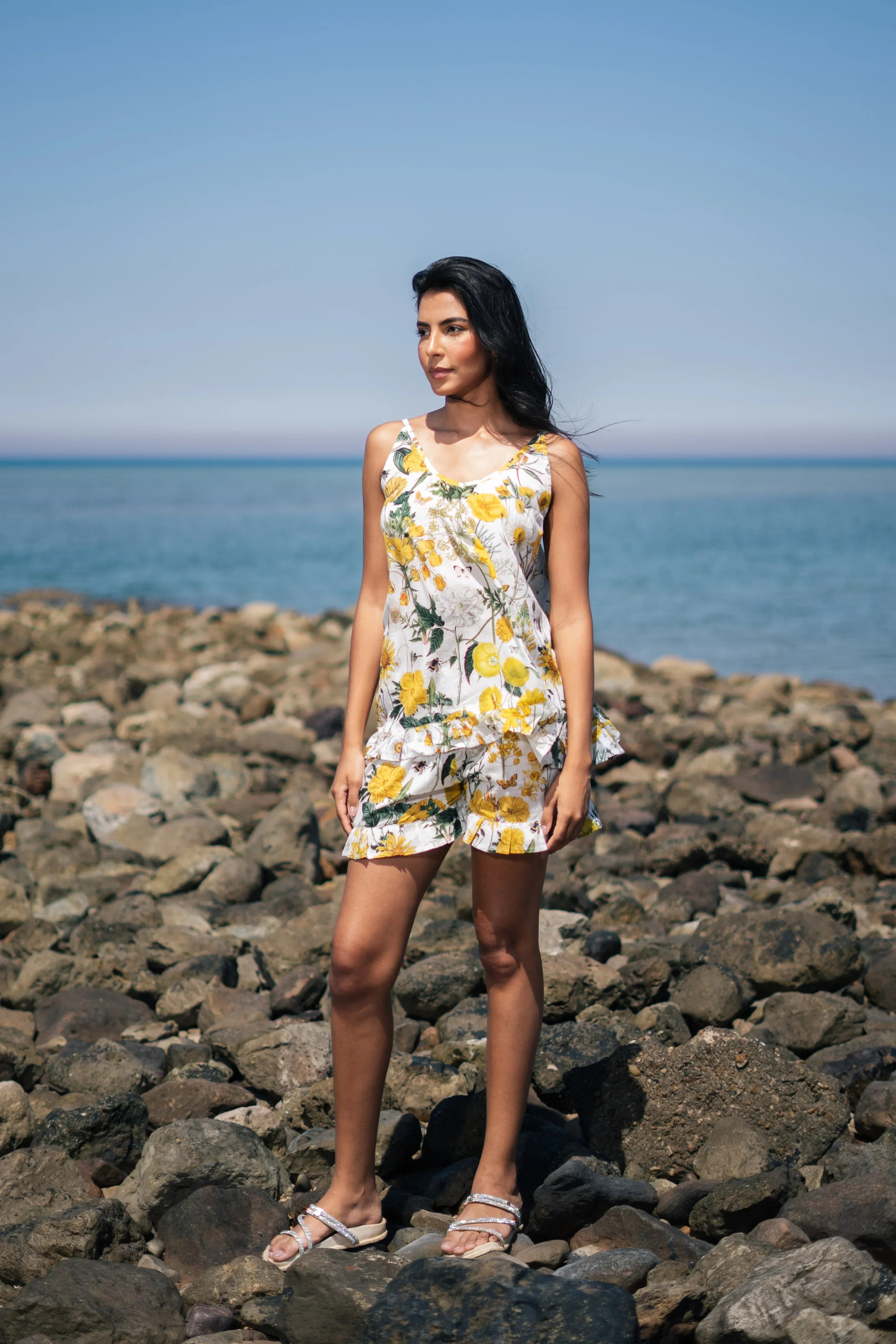 Yellow Floral Printed Cotton Round Neck Night Suit - SanskrutiHomes