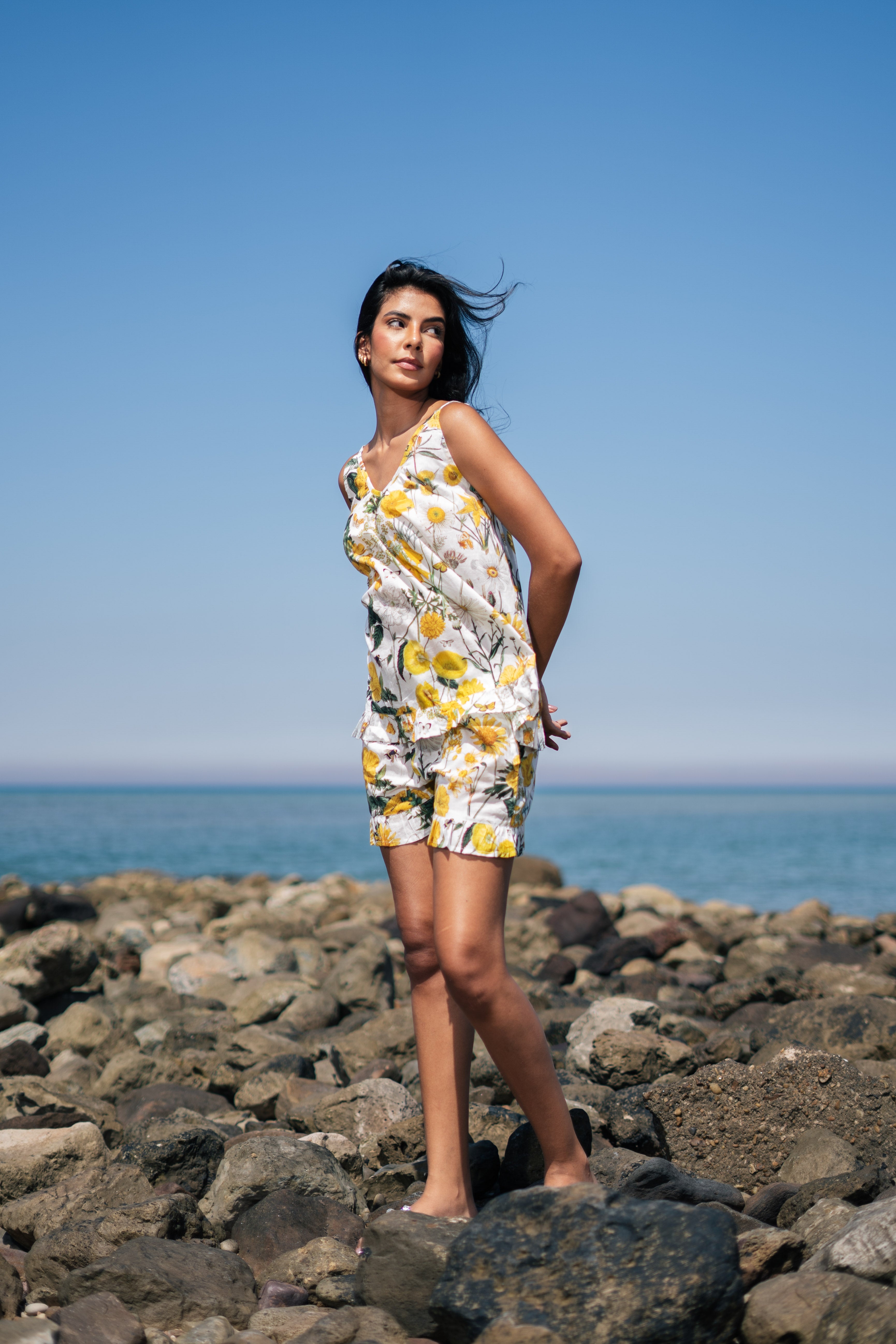 Yellow Floral Printed Cotton Round Neck Night Suit - SanskrutiHomes