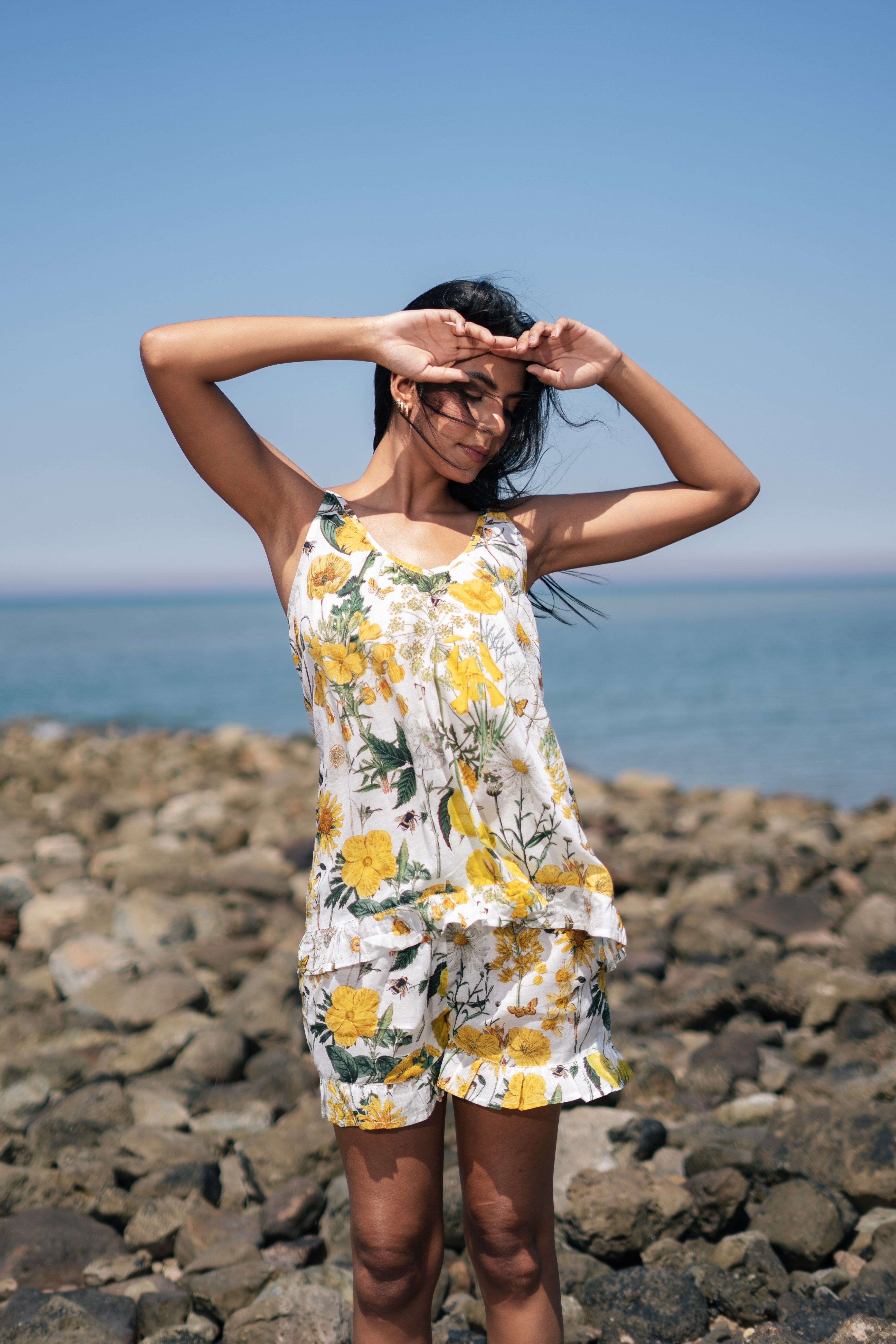 Yellow Floral Printed Cotton Round Neck Night Suit - SanskrutiHomes