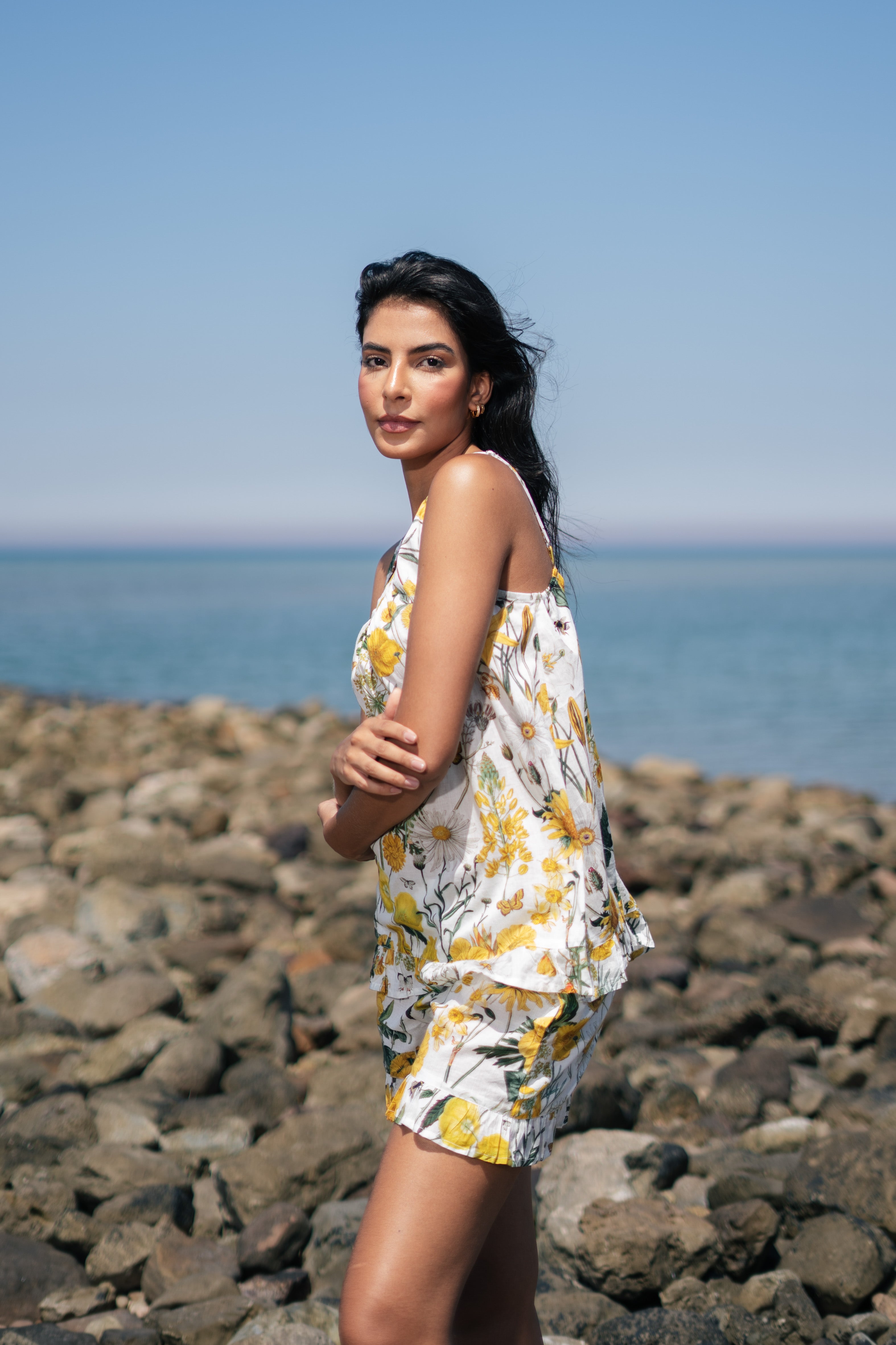 Yellow Floral Printed Cotton Round Neck Night Suit