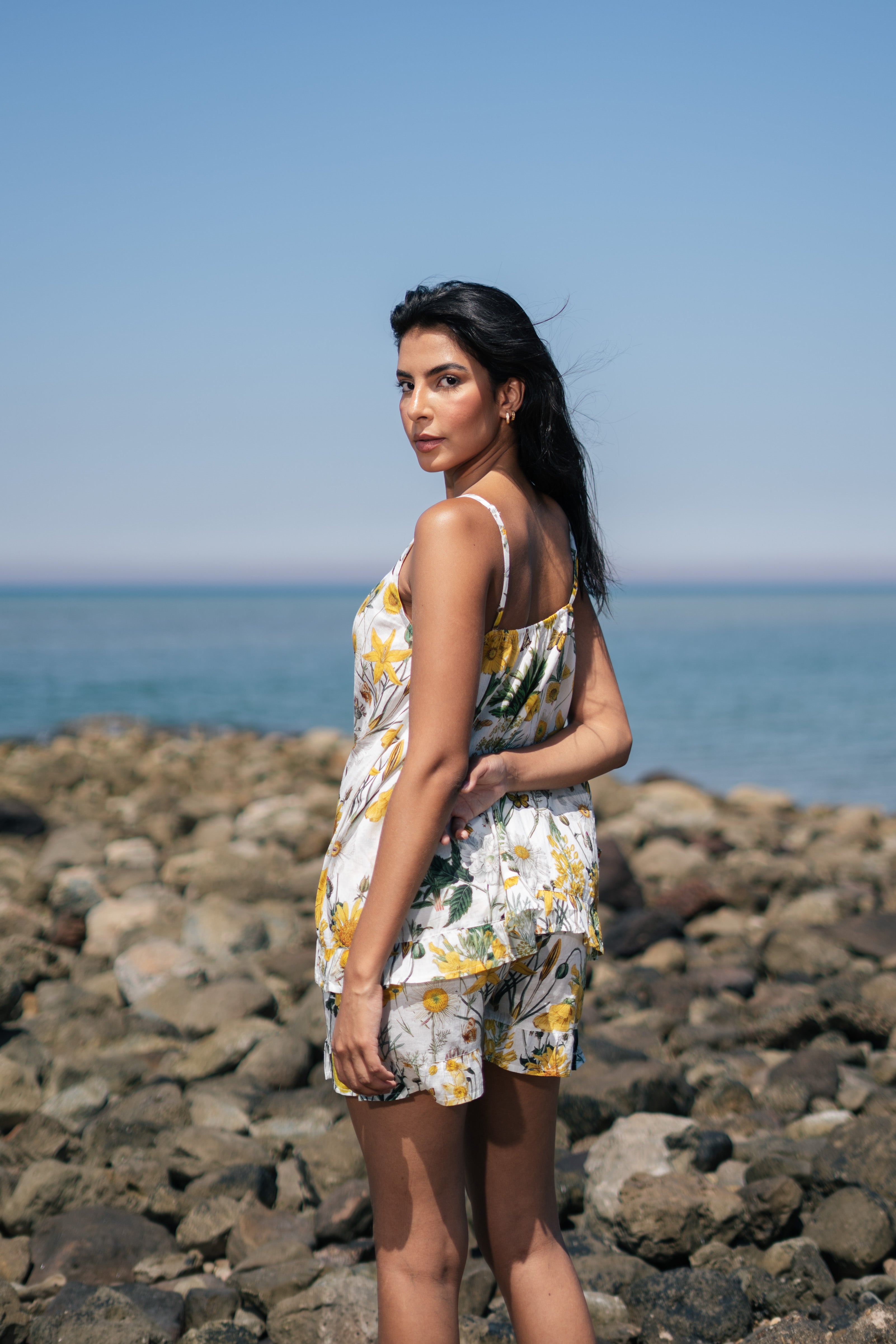 Yellow Floral Printed Cotton Round Neck Night Suit