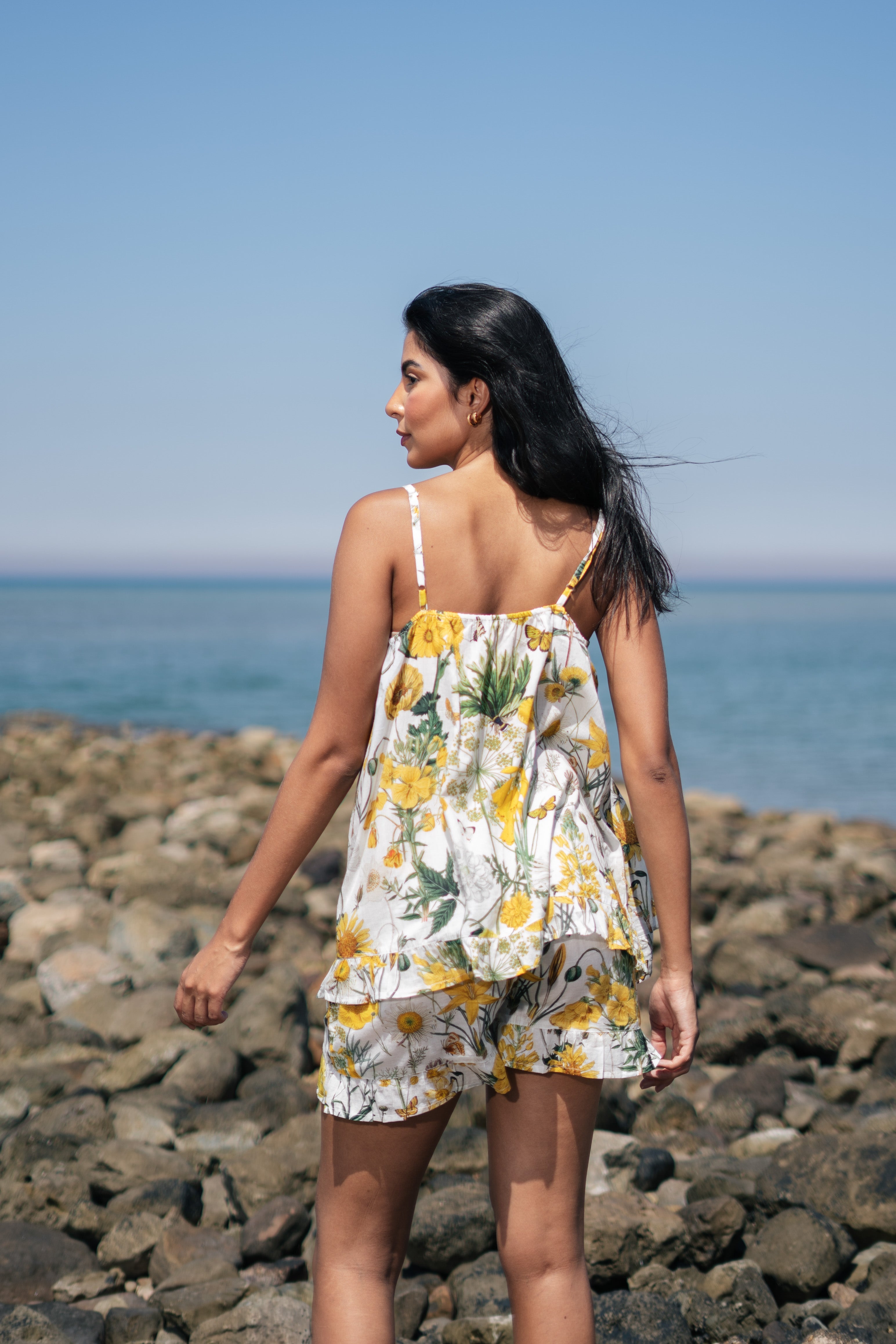 Yellow Floral Printed Cotton Round Neck Night Suit - SanskrutiHomes