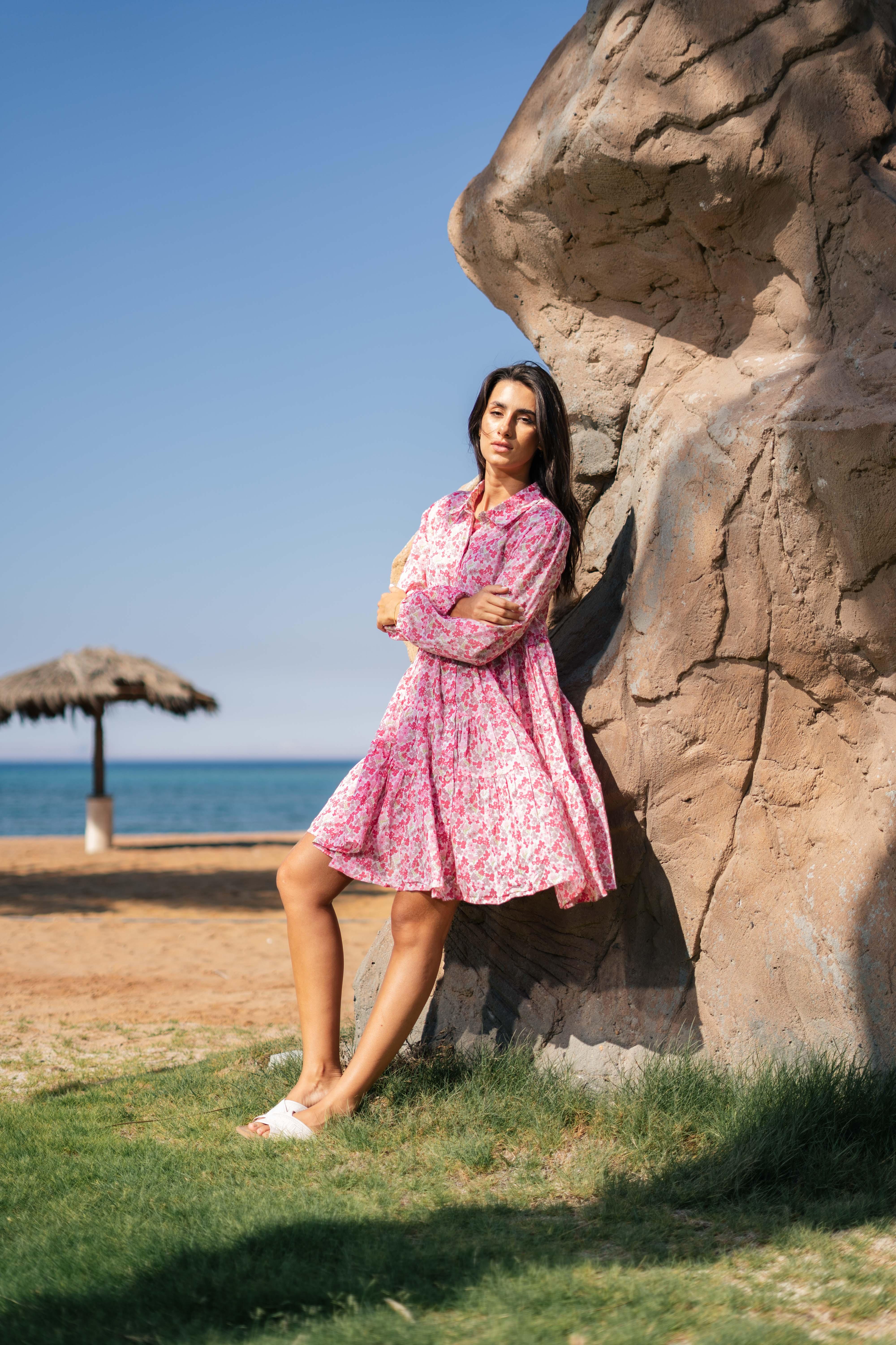 Pink Floral Printed Full Sleeve Dress - SanskrutiHomes