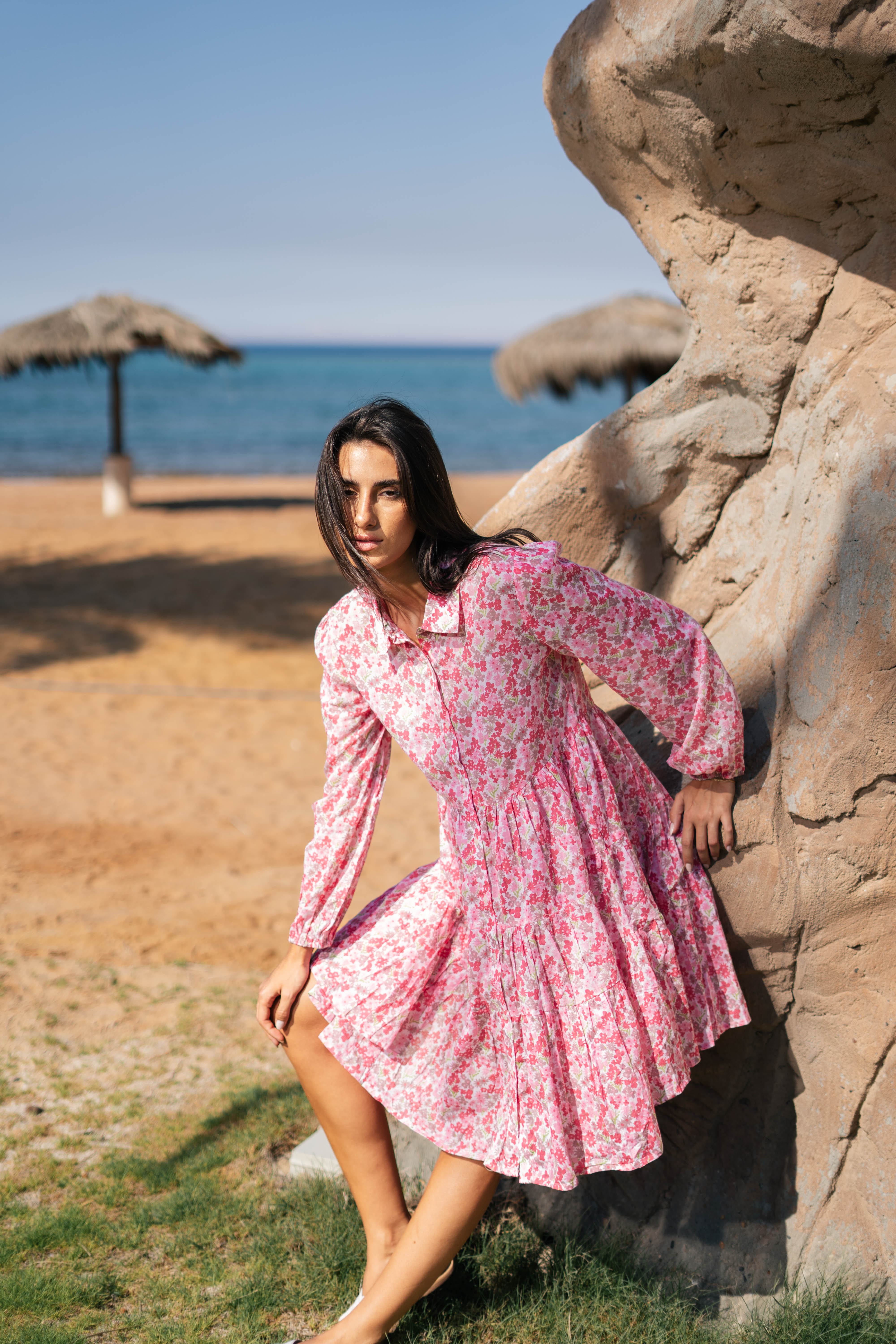 Pink Floral Printed Full Sleeve Dress