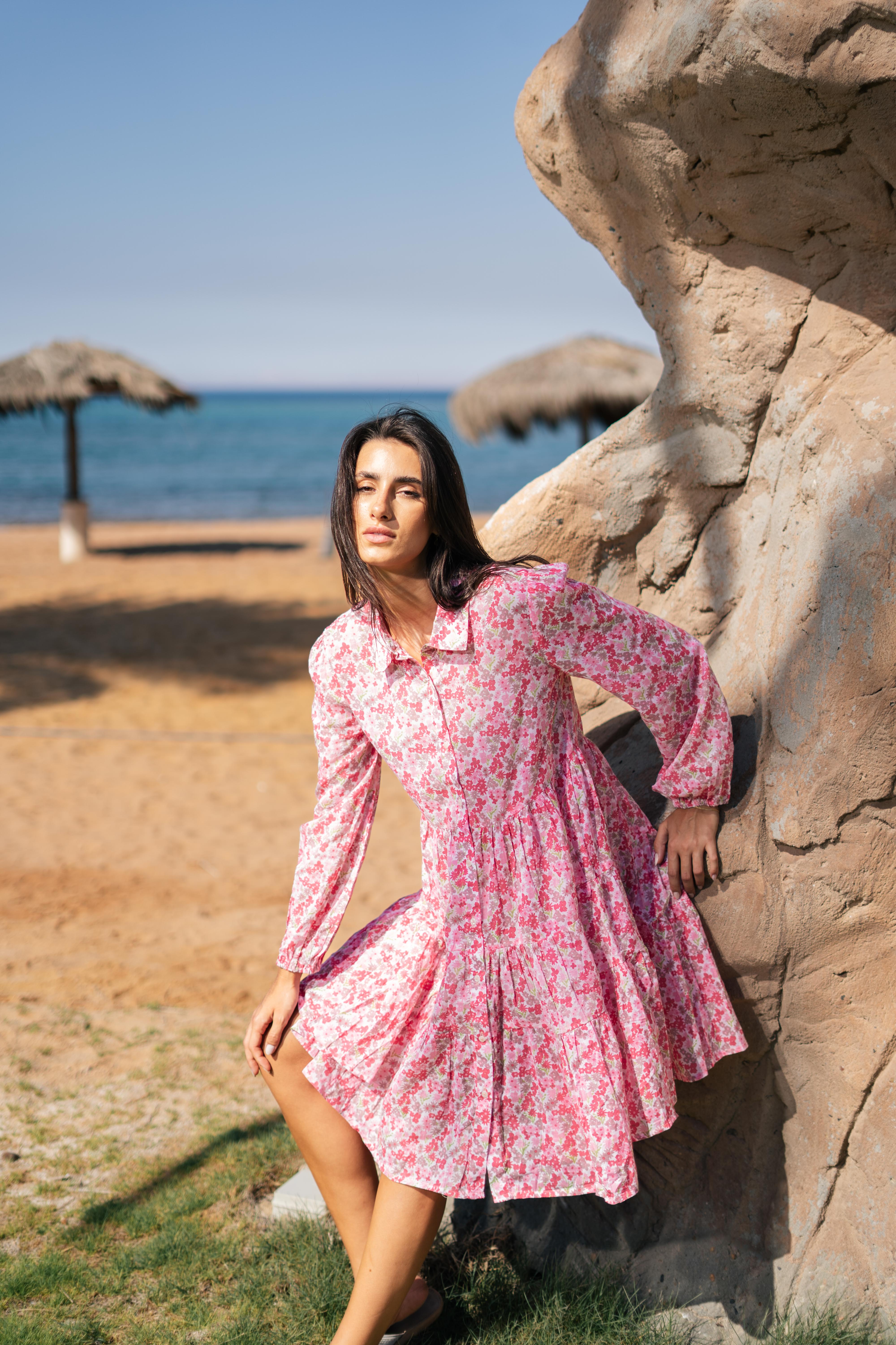 Pink Floral Printed Full Sleeve Dress