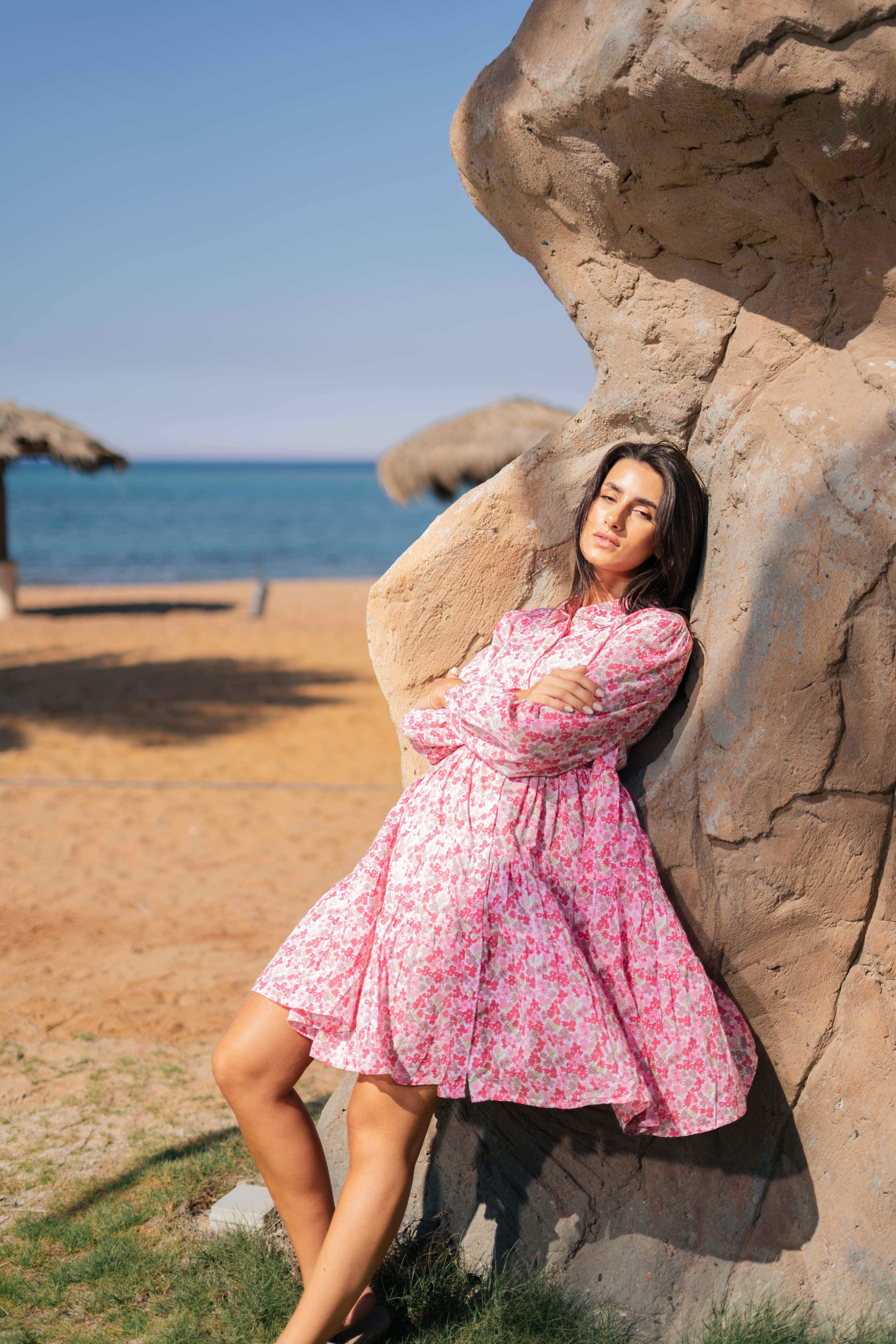 Pink Floral Printed Full Sleeve Dress