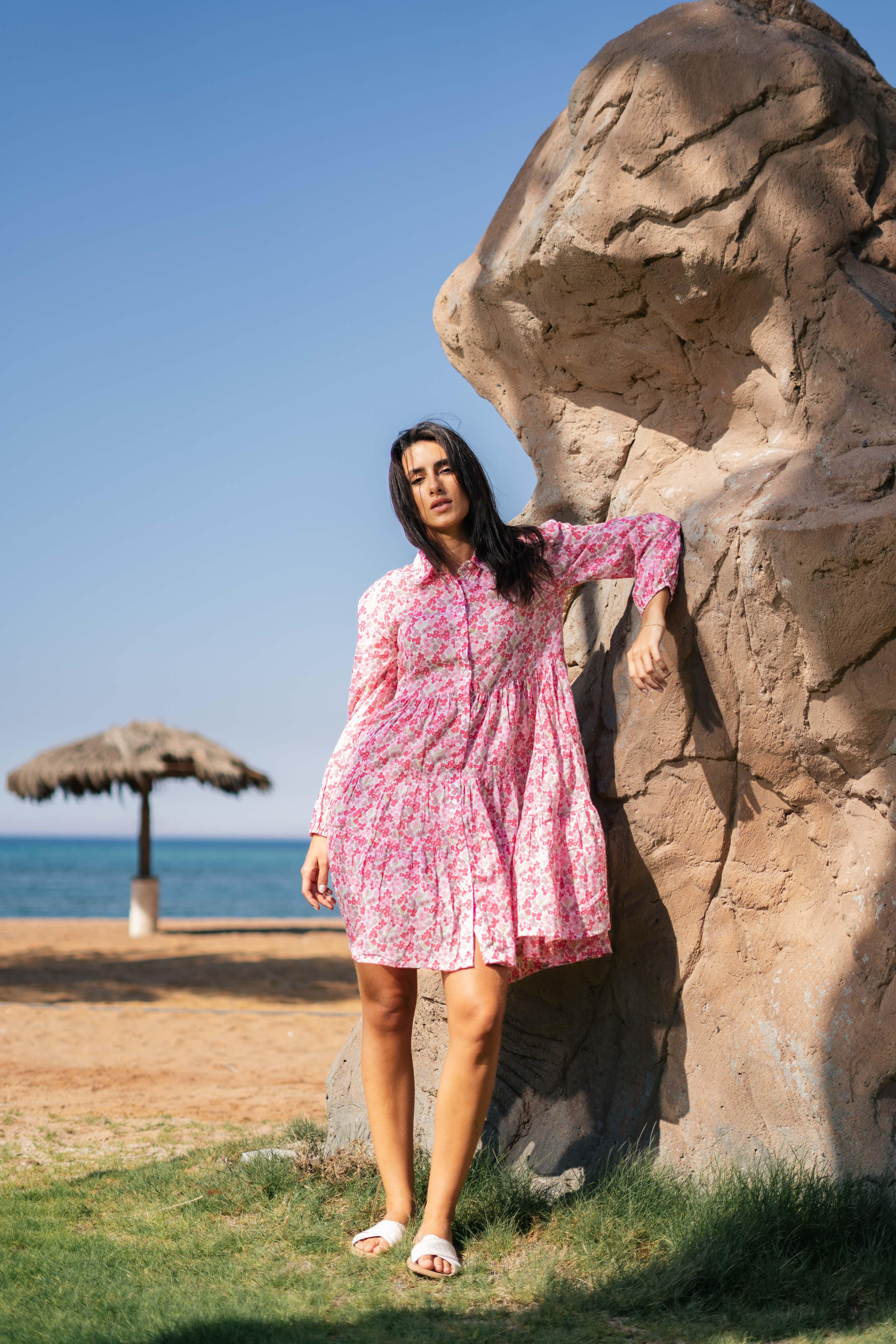 Pink Floral Printed Full Sleeve Dress - SanskrutiHomes