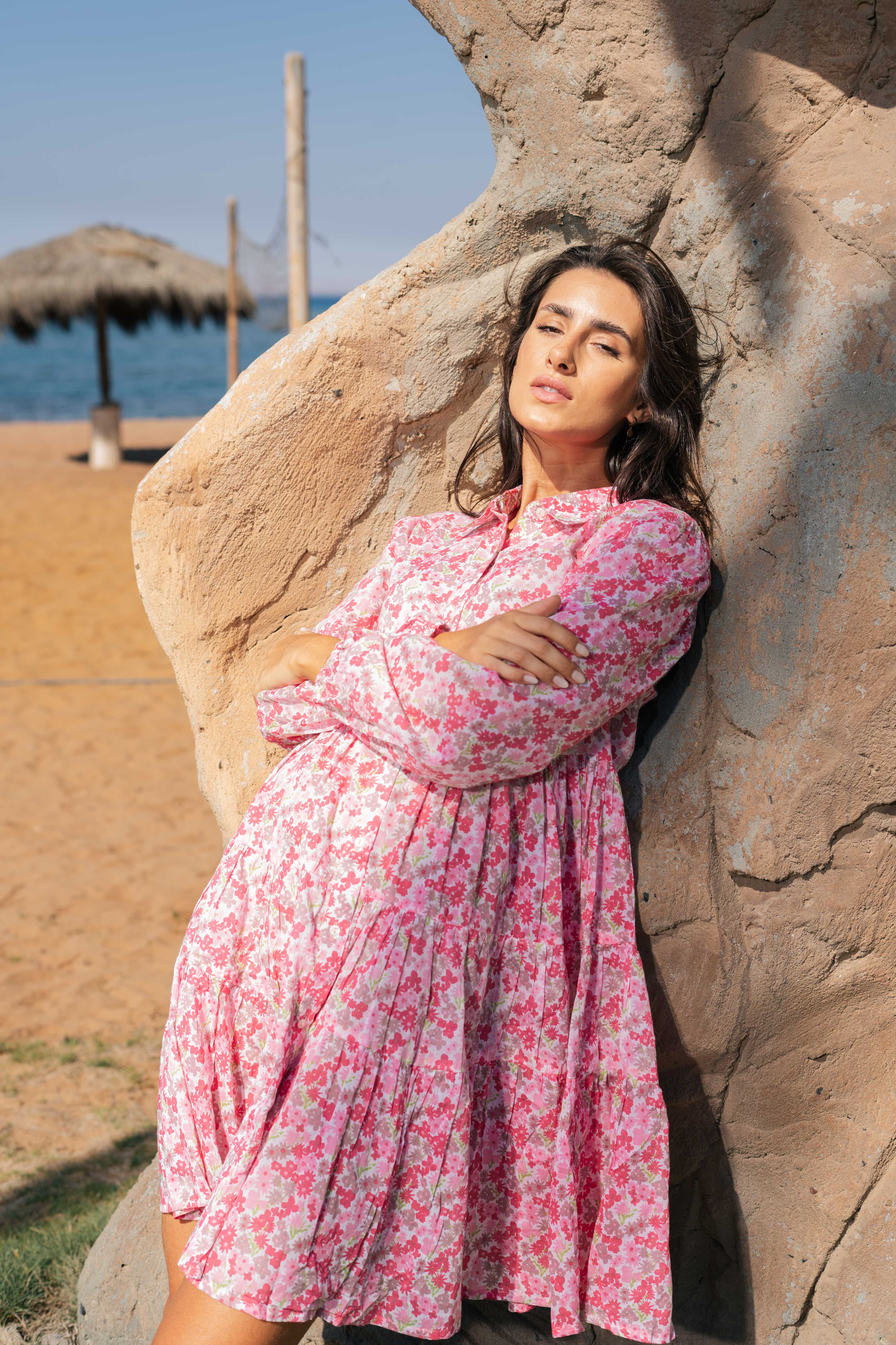 Pink Floral Printed Full Sleeve Dress