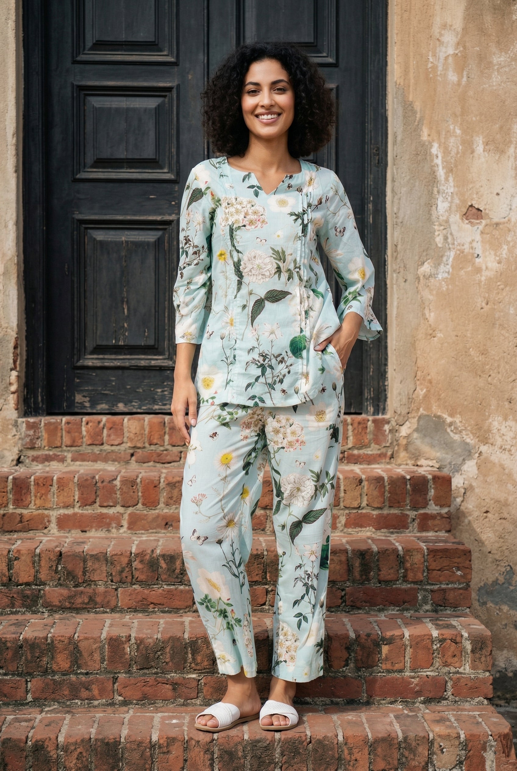 Blue Round Neck Floral Print Pure Cotton Night Suit For Women