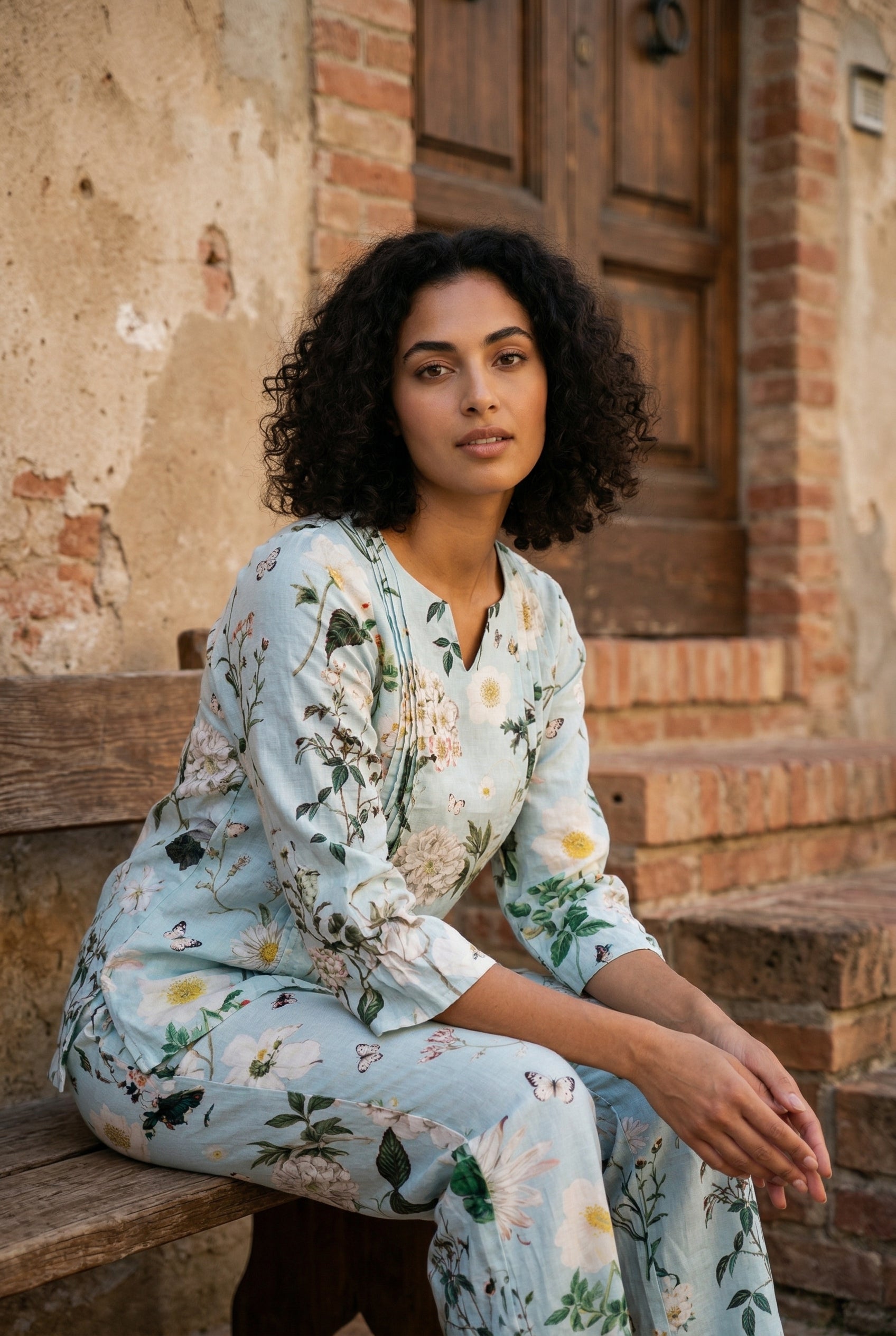 Blue Round Neck Floral Print Pure Cotton Night Suit For Women