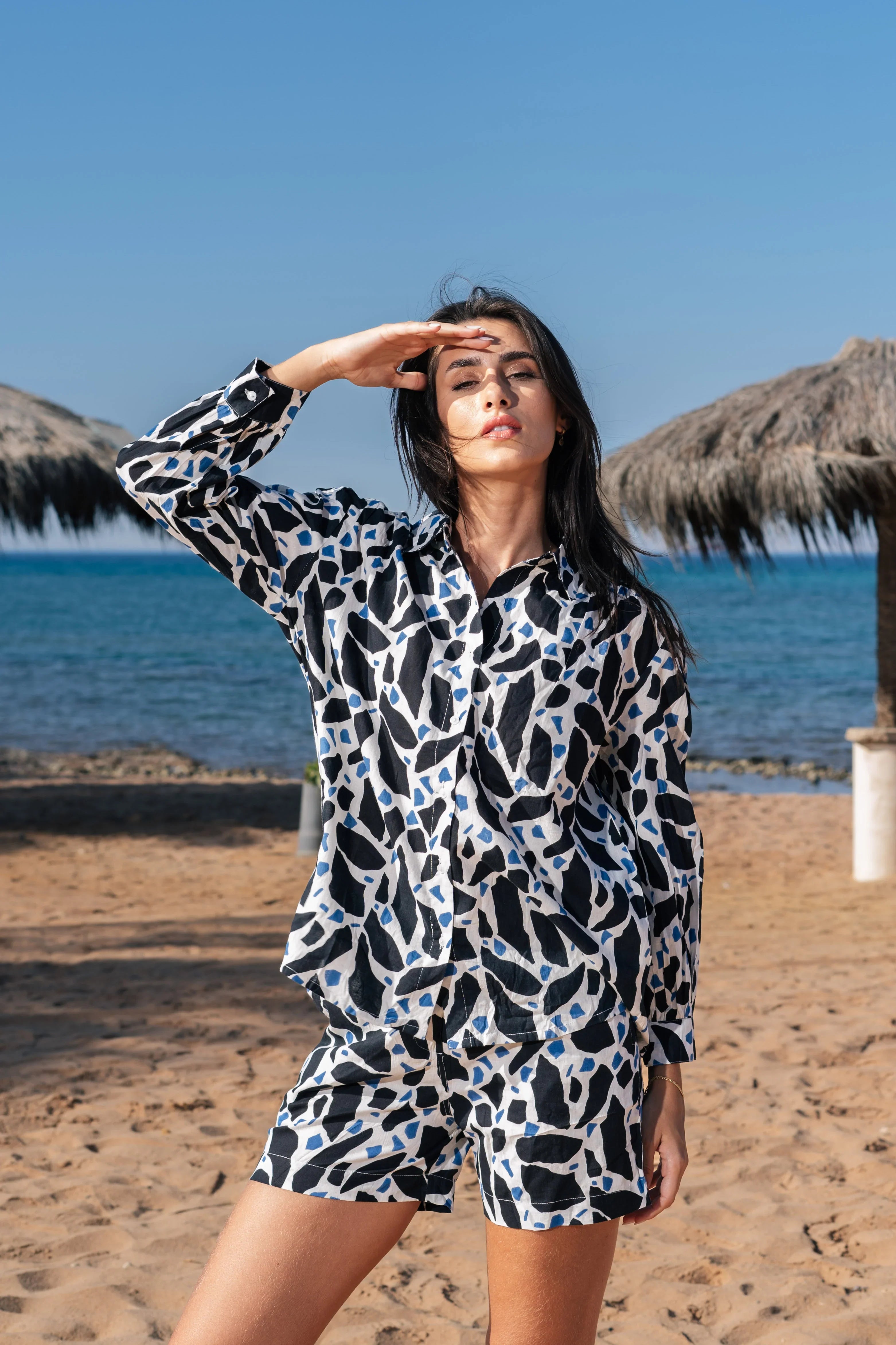 Black Printed Cotton Night Suit with Shorts - SanskrutiHomes