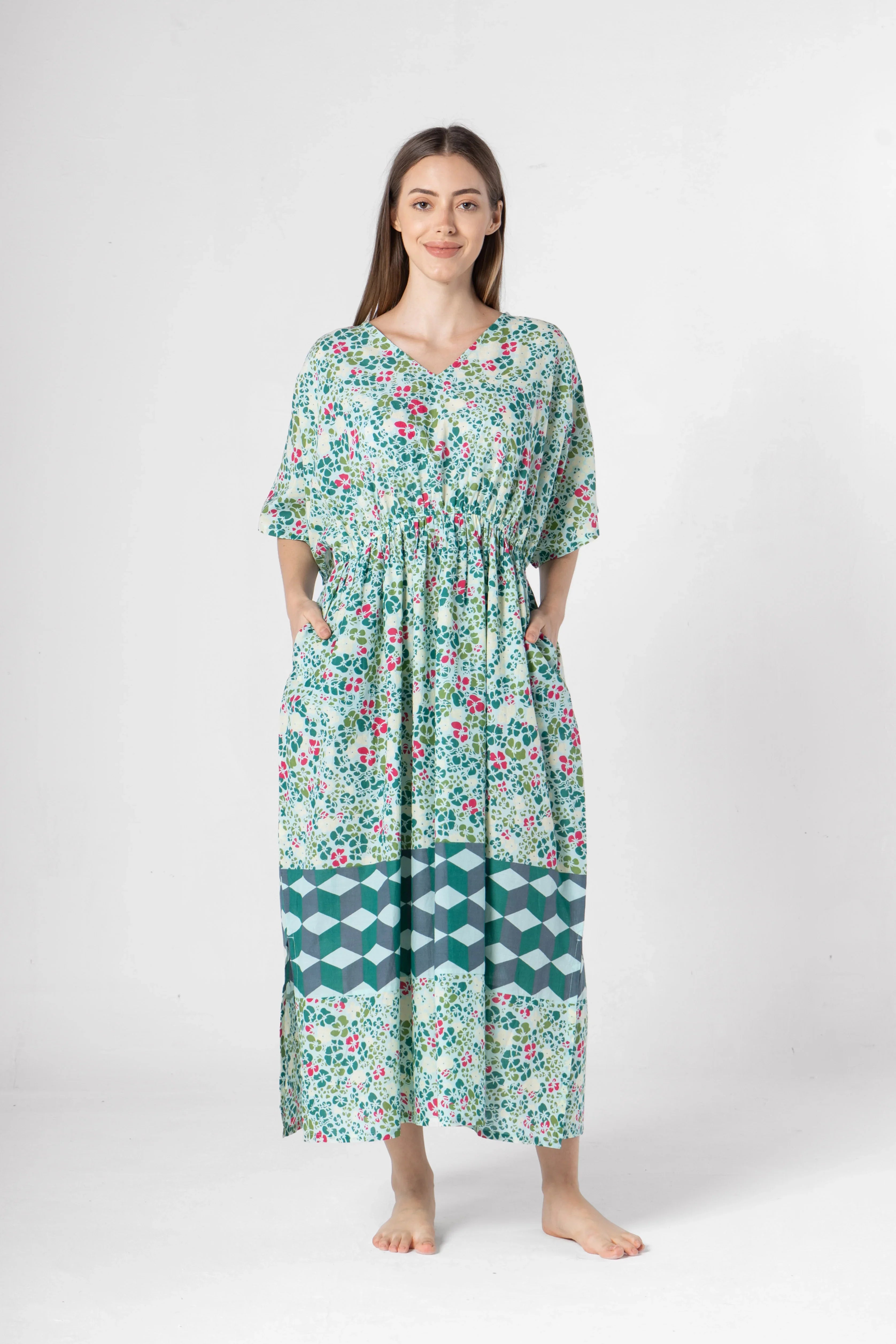 Green Floral Printed Kaftan Night Dress - SanskrutiHomes