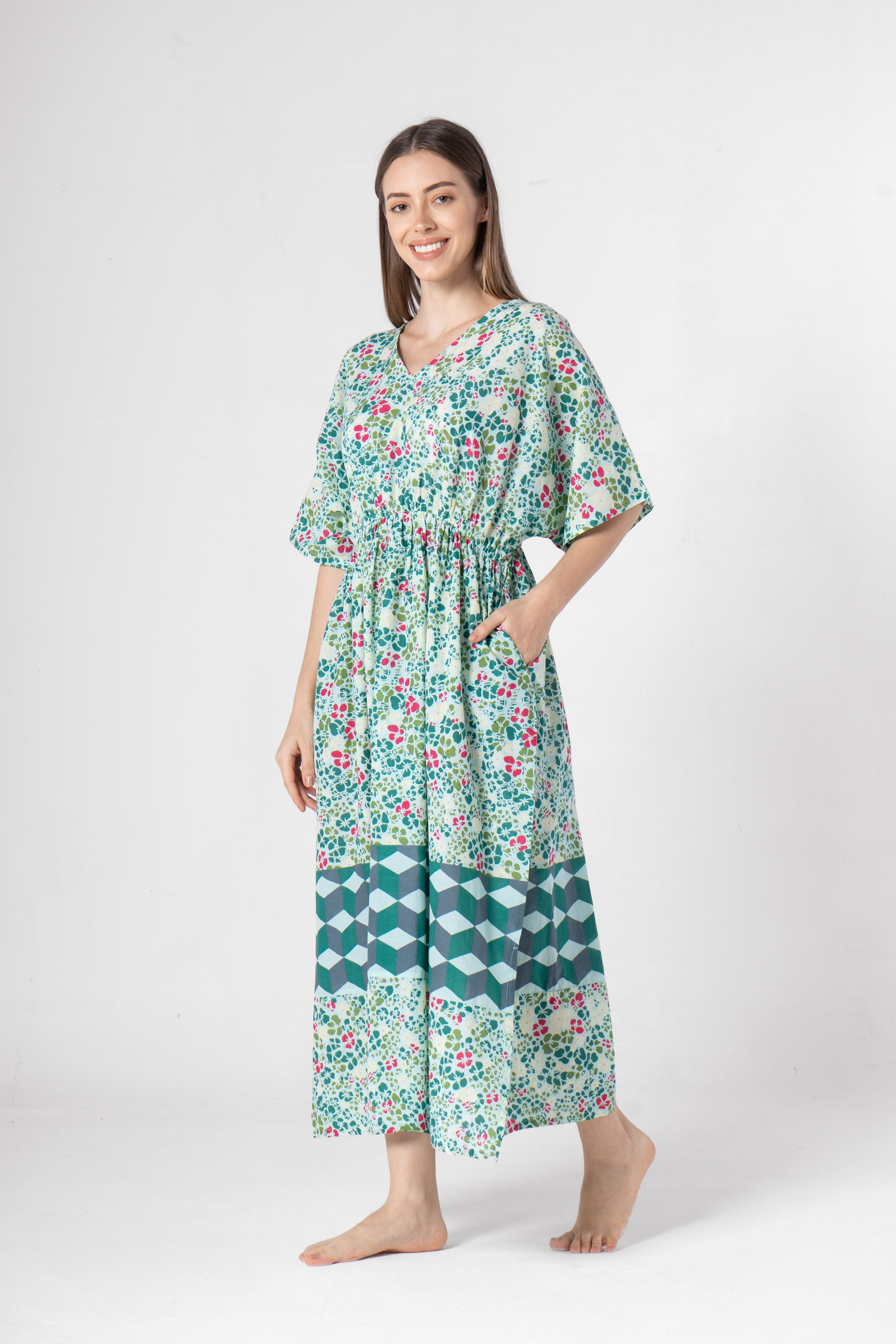 Green Floral Printed Kaftan Night Dress - SanskrutiHomes