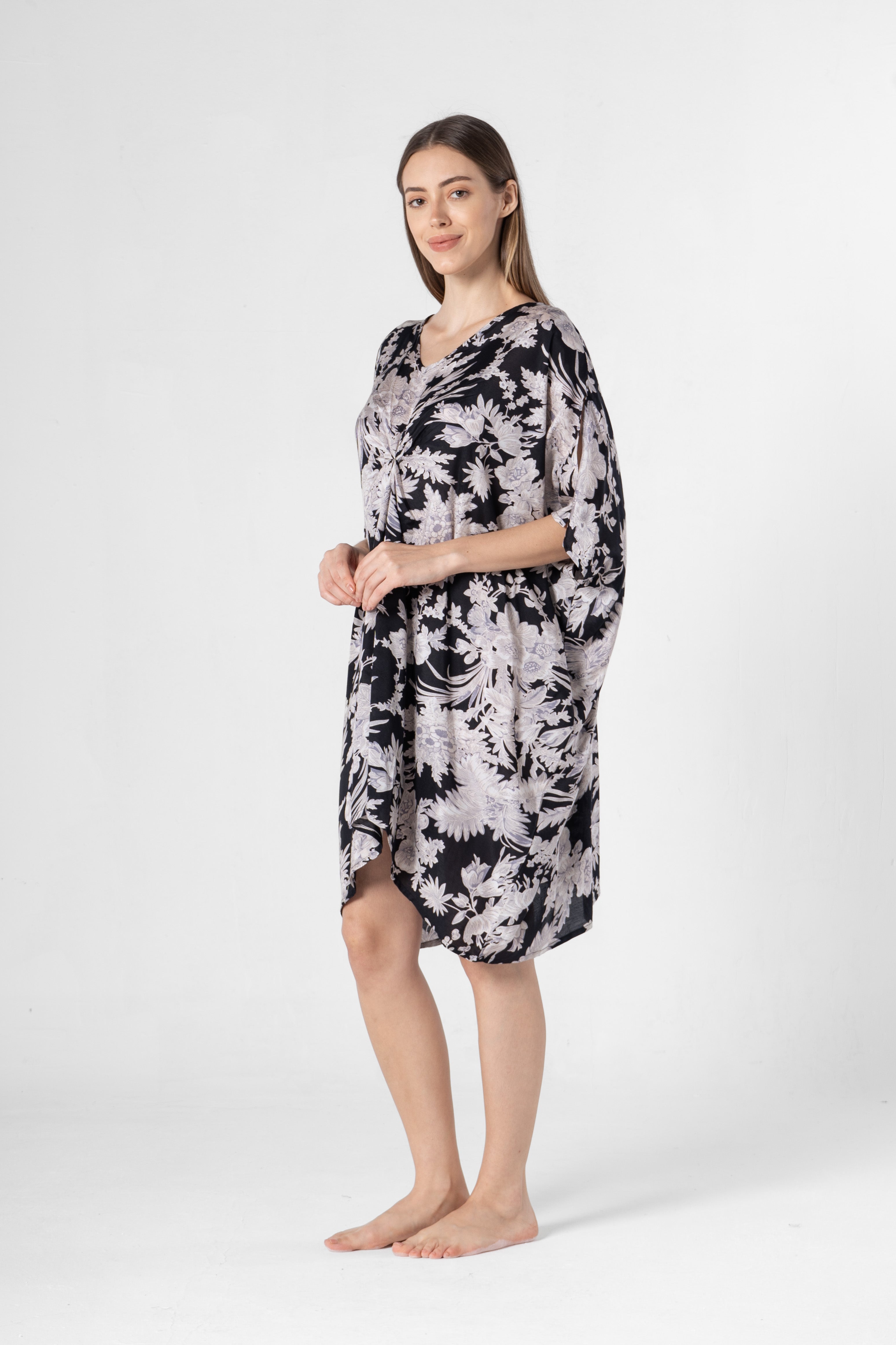 Black Flower Printed Night Dress
