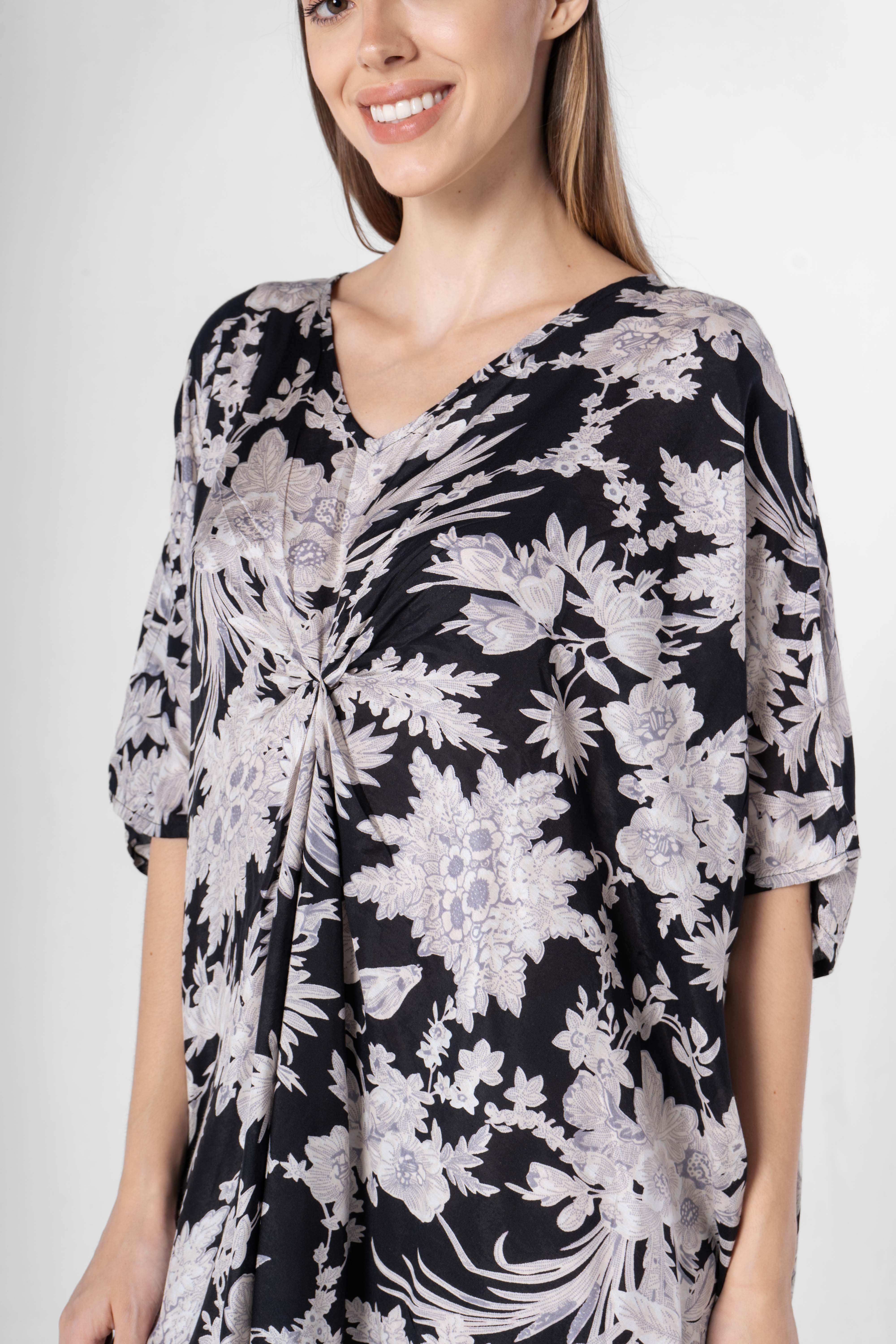 Black Flower Printed Night Dress - SanskrutiHomes