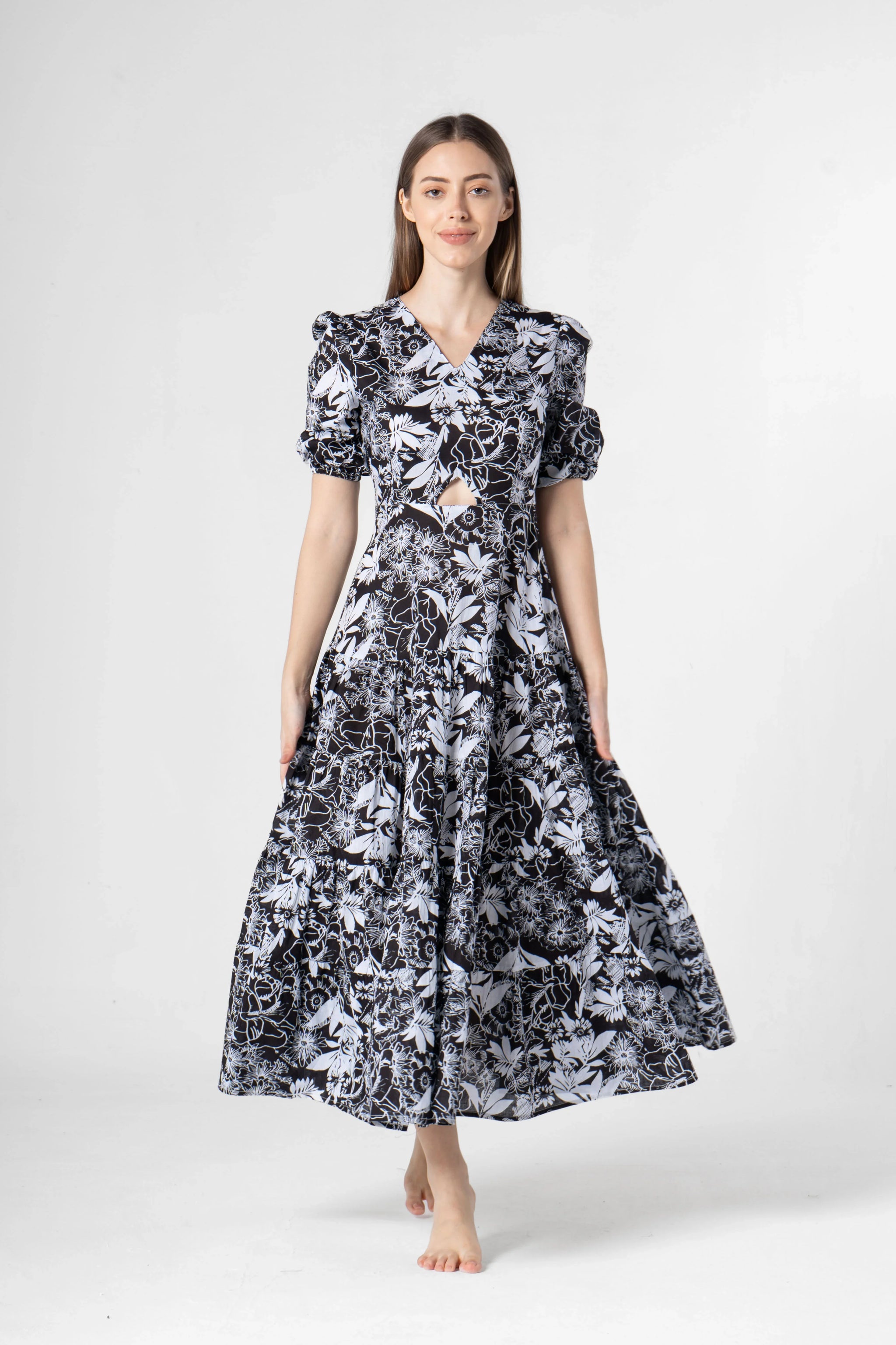 Black Floral Printed Cotton V-Neck Dress - Main Image