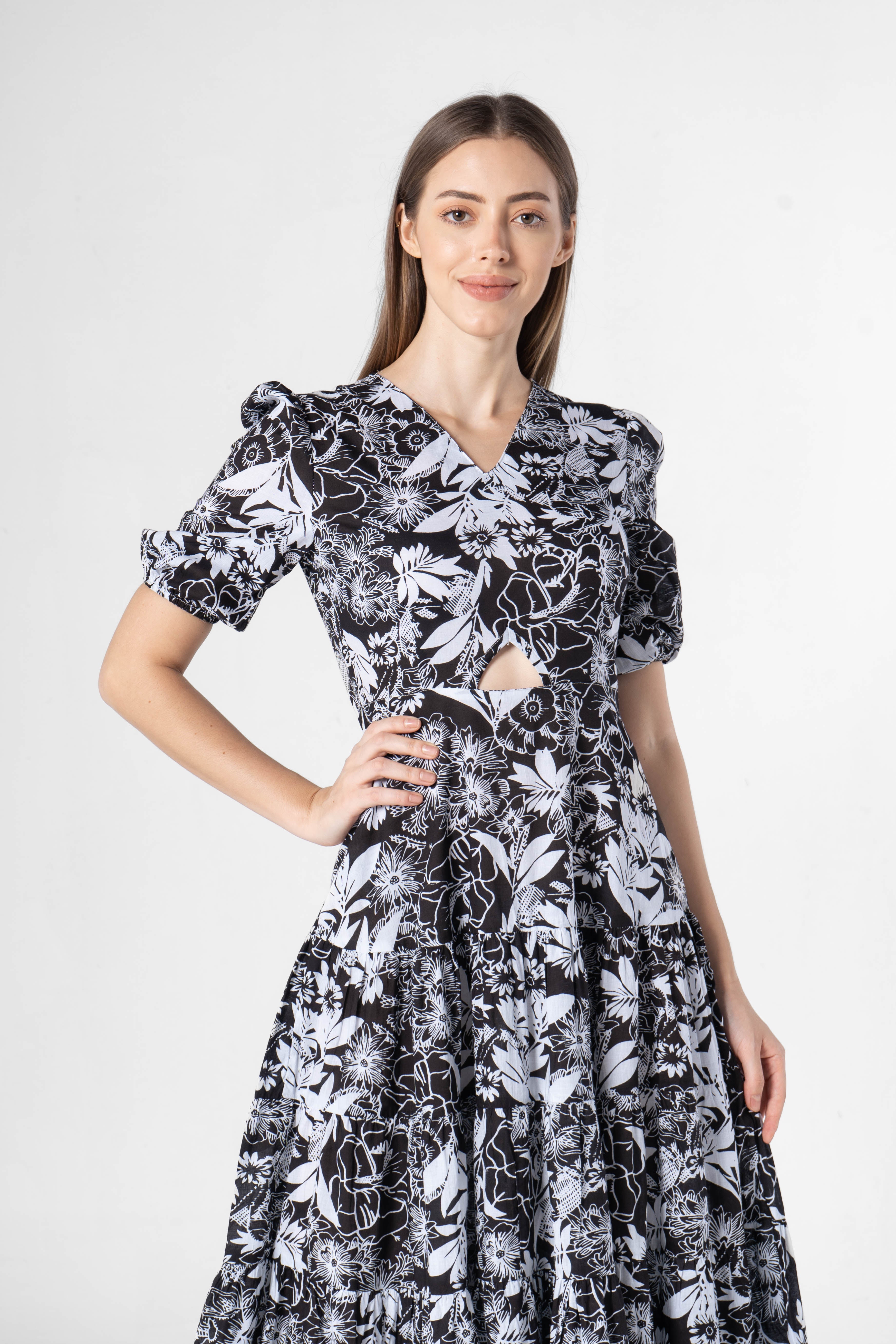 Black Floral Printed Cotton V-Neck Dress
