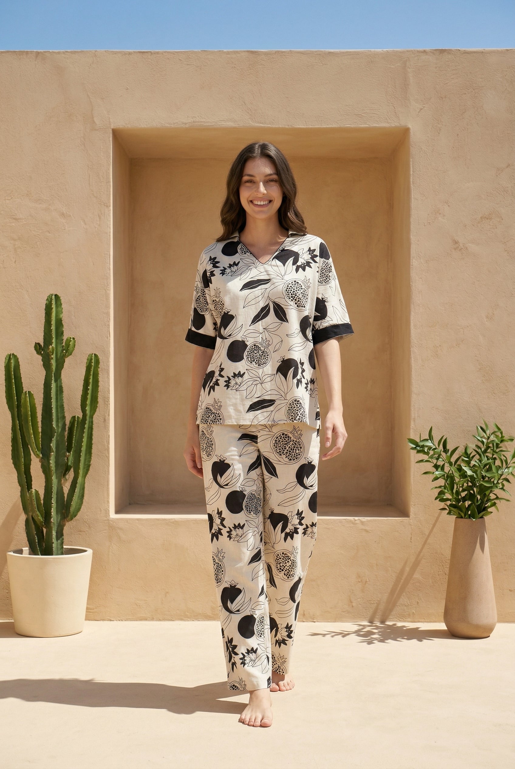 Off White Shirt Collar tropical Print Pure cotton Night Suit For Women