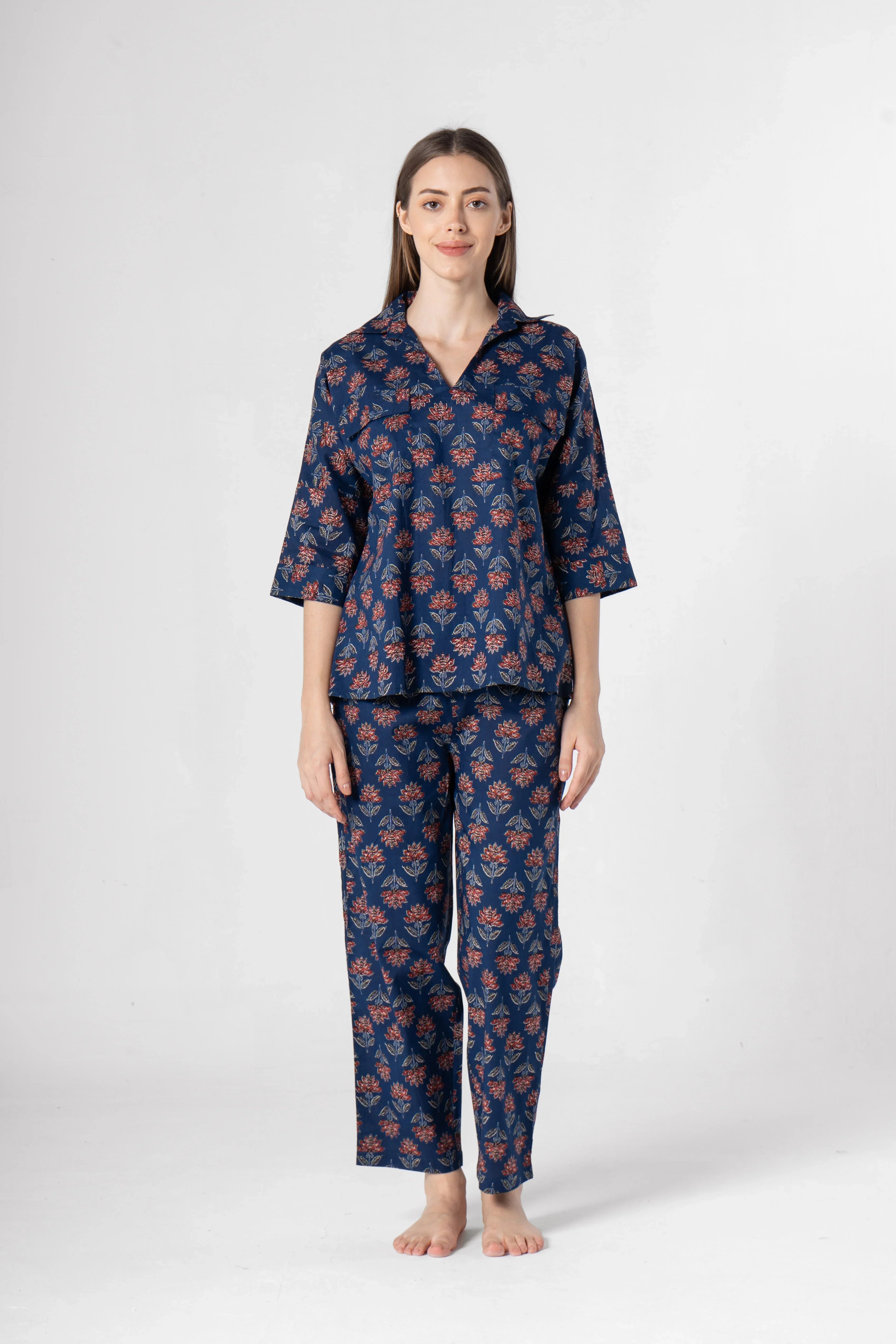Blue Flower Printed Cotton Night Suit Set - SanskrutiHomes