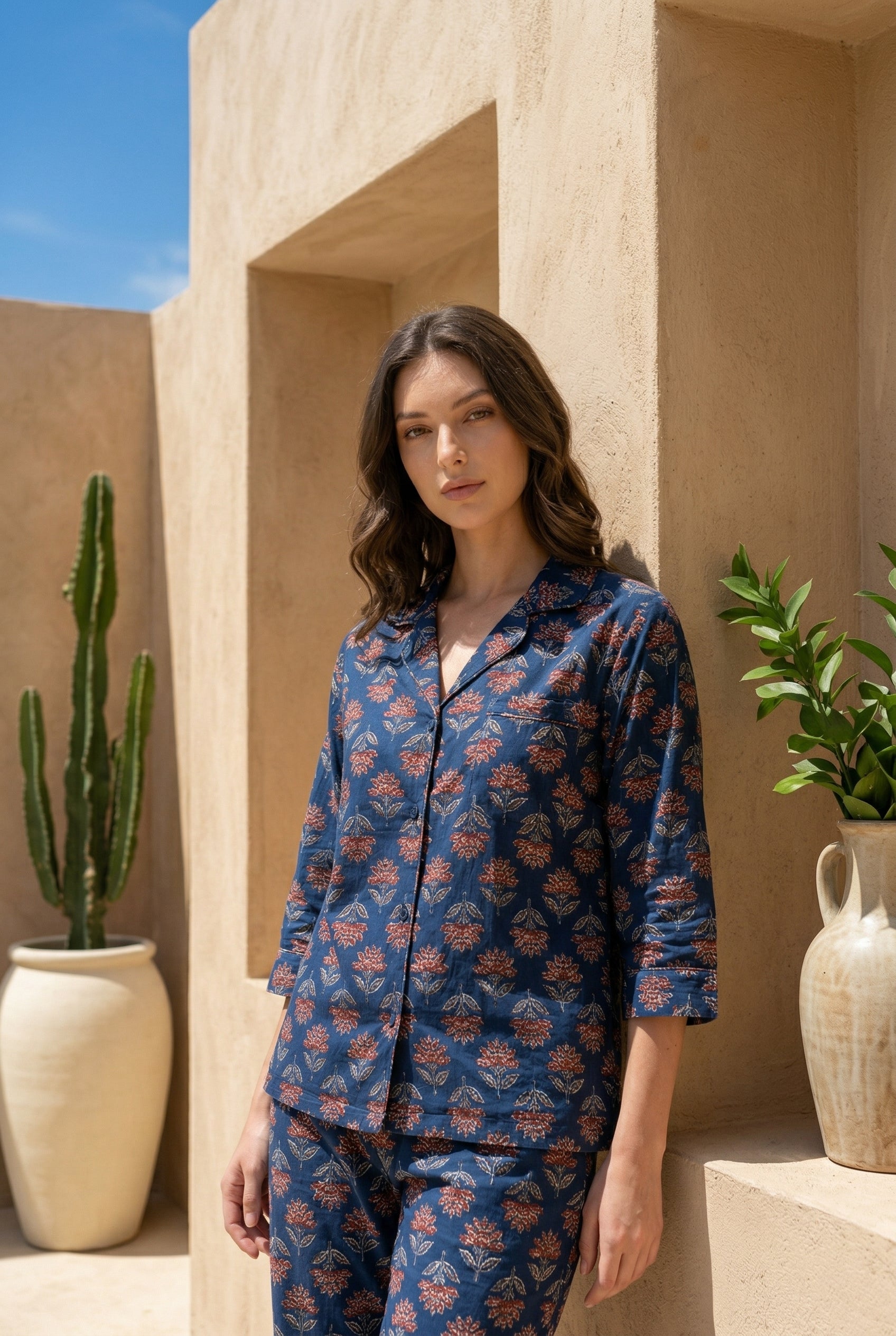 Blue Lapel Collar Floral Print Pure Cotton Night Suit For Women