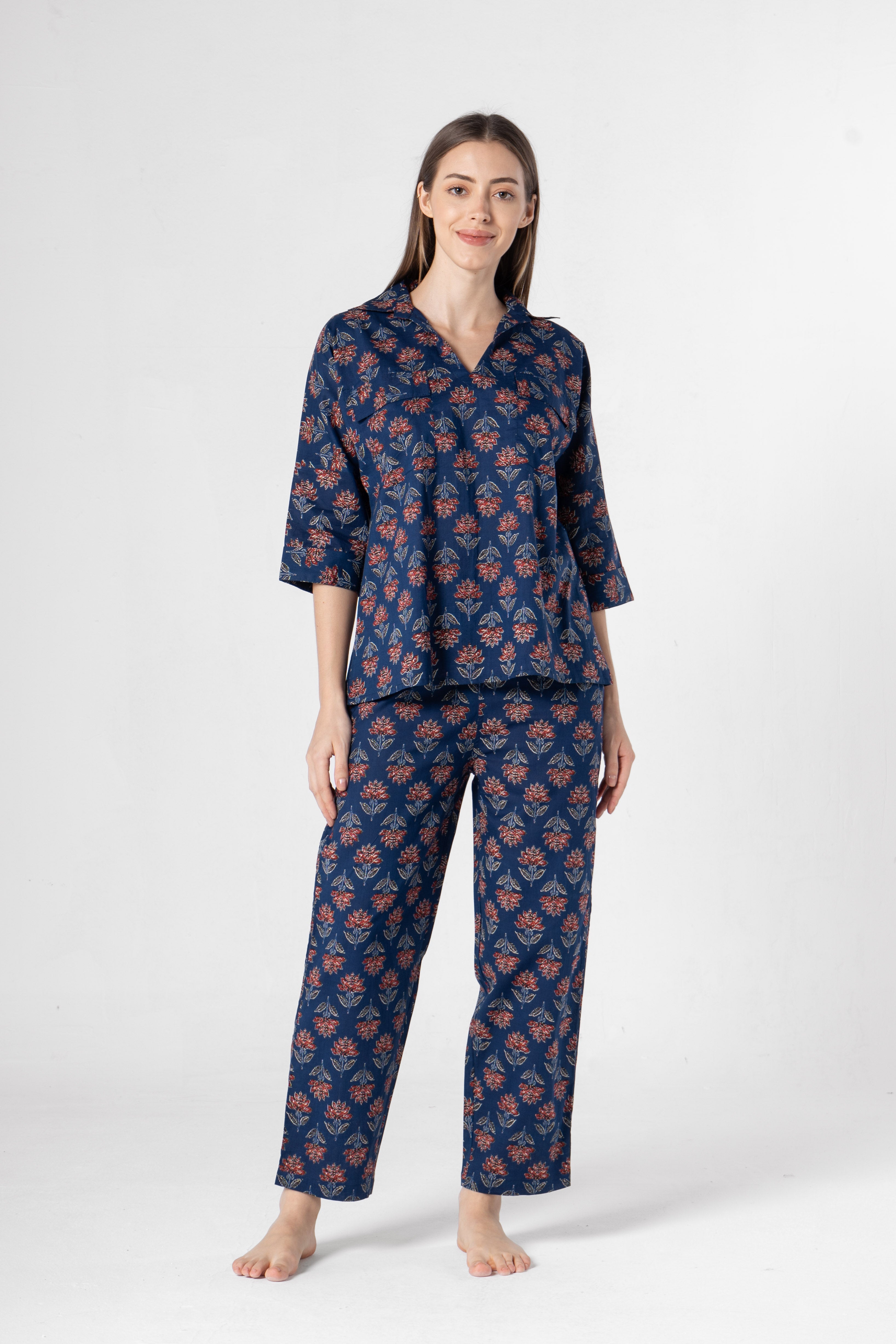 Blue Flower Printed Cotton Night Suit Set - SanskrutiHomes