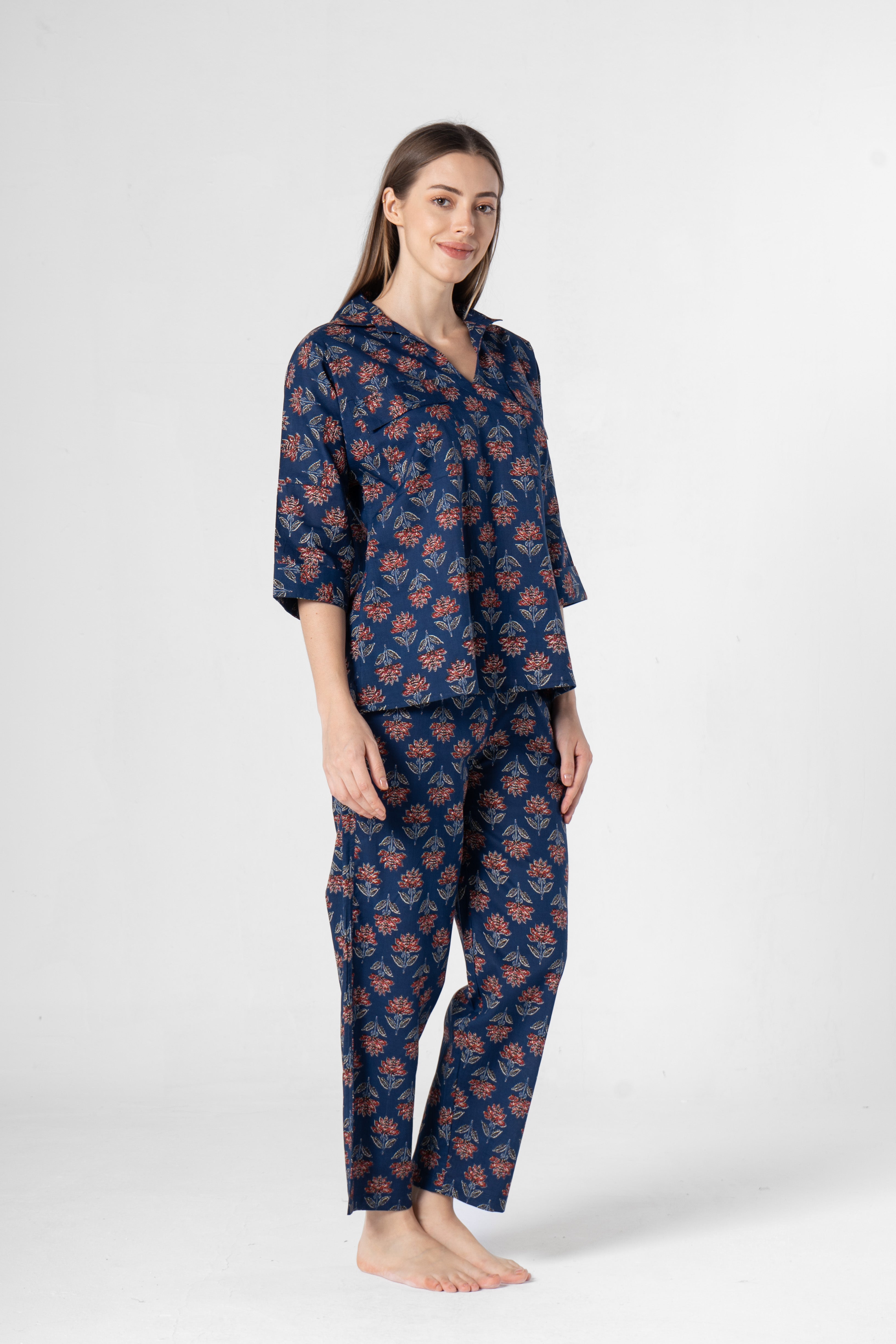 Blue Flower Printed Cotton Night Suit Set - SanskrutiHomes