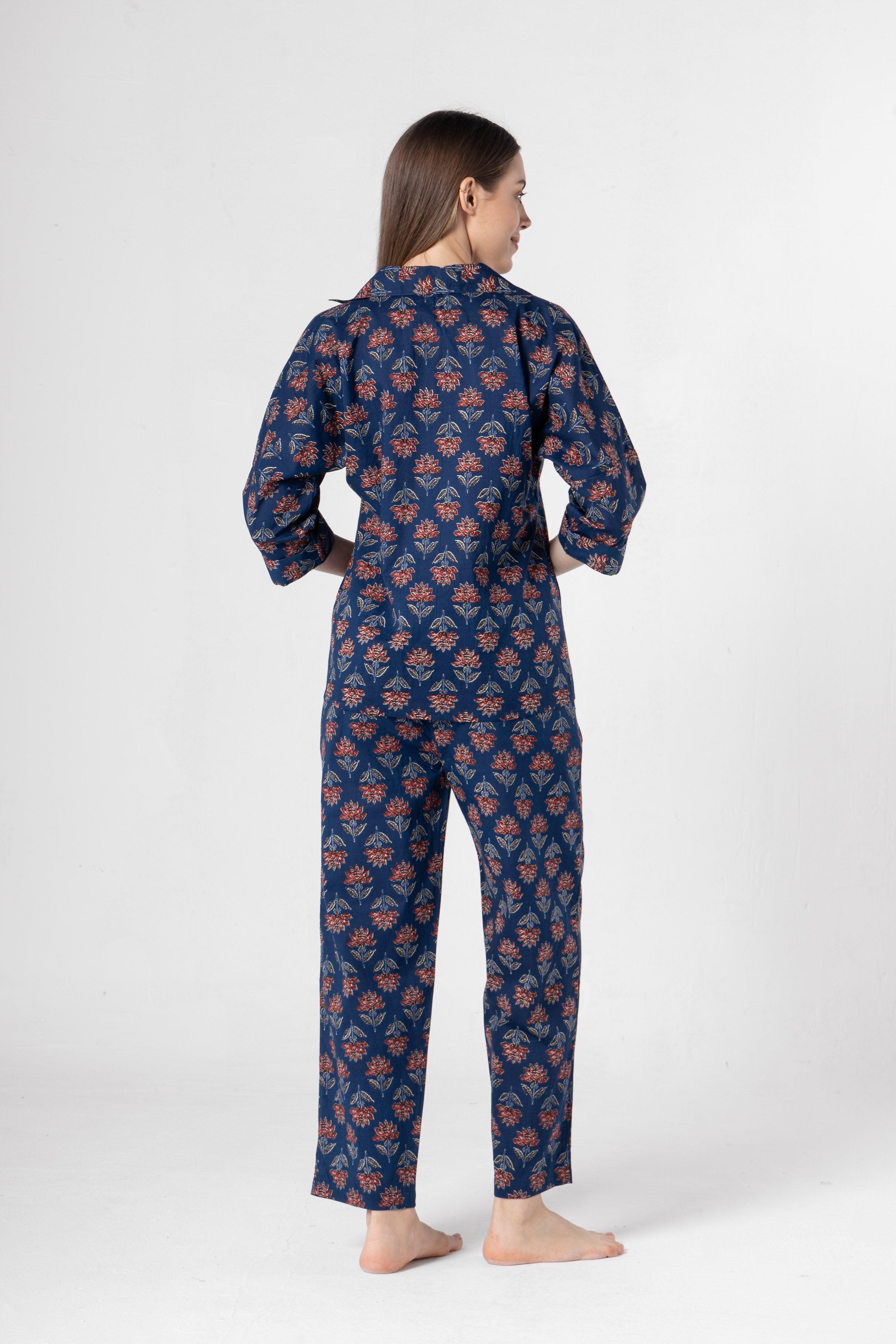 Blue Flower Printed Cotton Night Suit Set - SanskrutiHomes