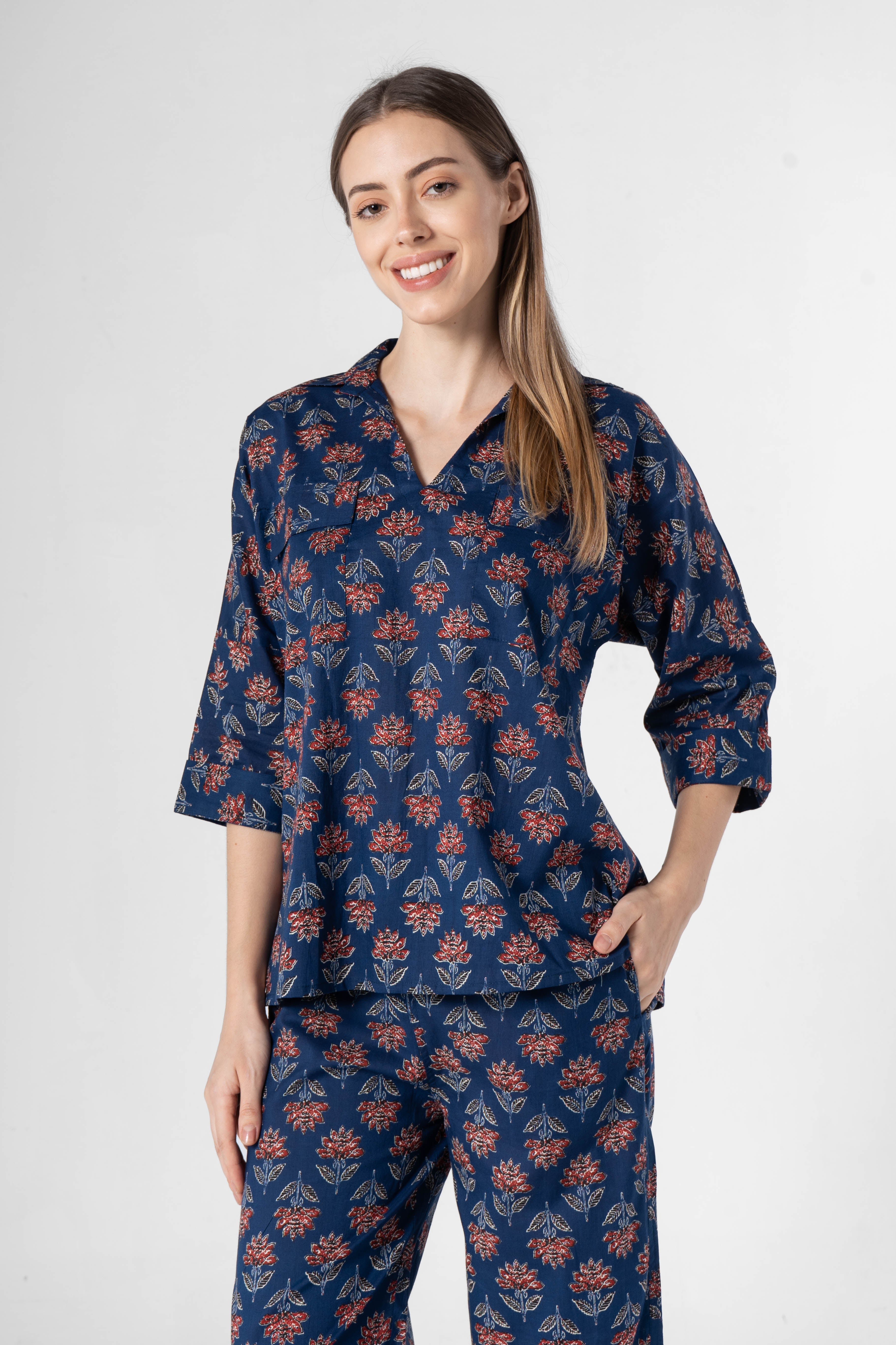 Blue Flower Printed Cotton Night Suit Set - SanskrutiHomes