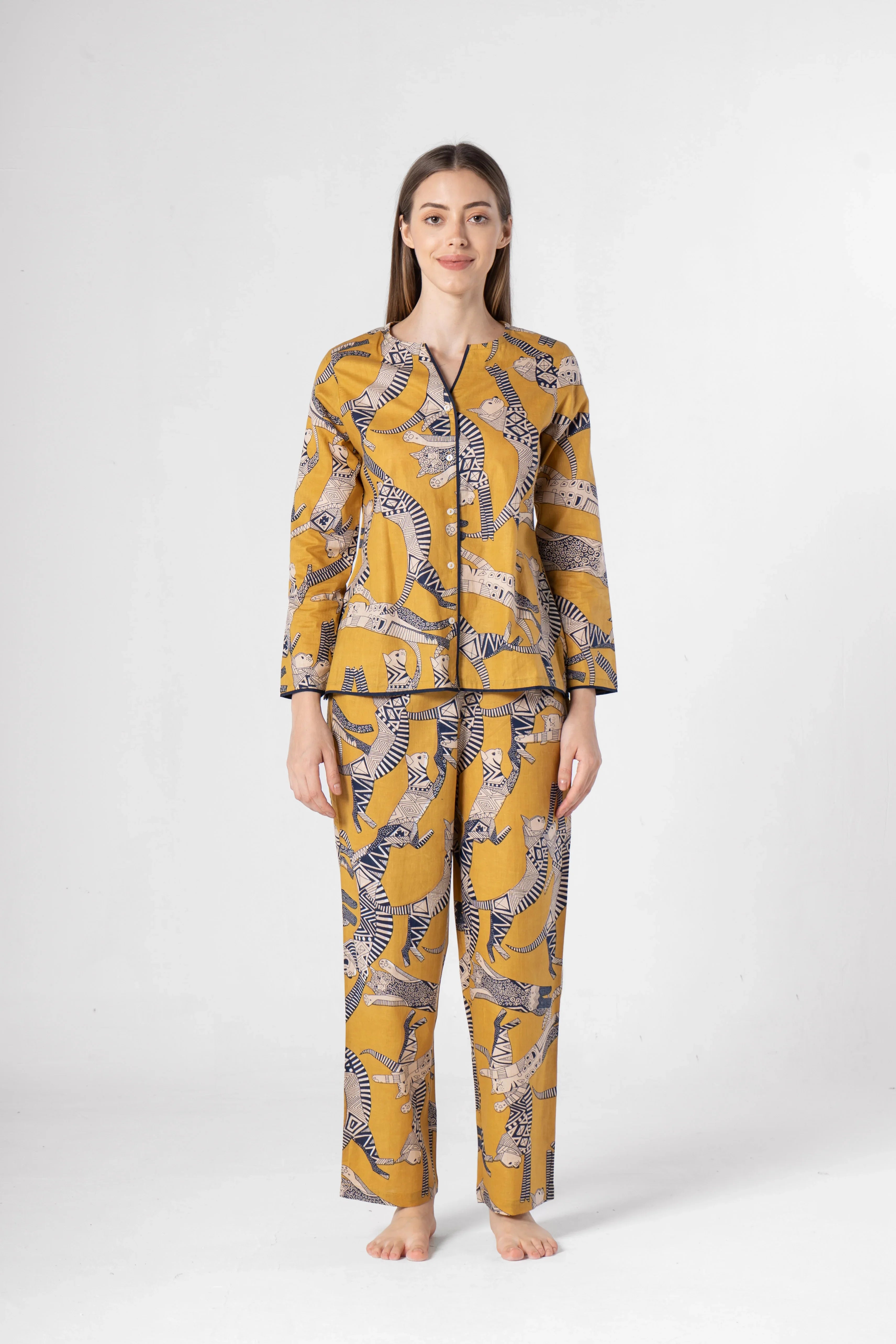 Yellow Animal Print Cotton Night Suit Set - SanskrutiHomes
