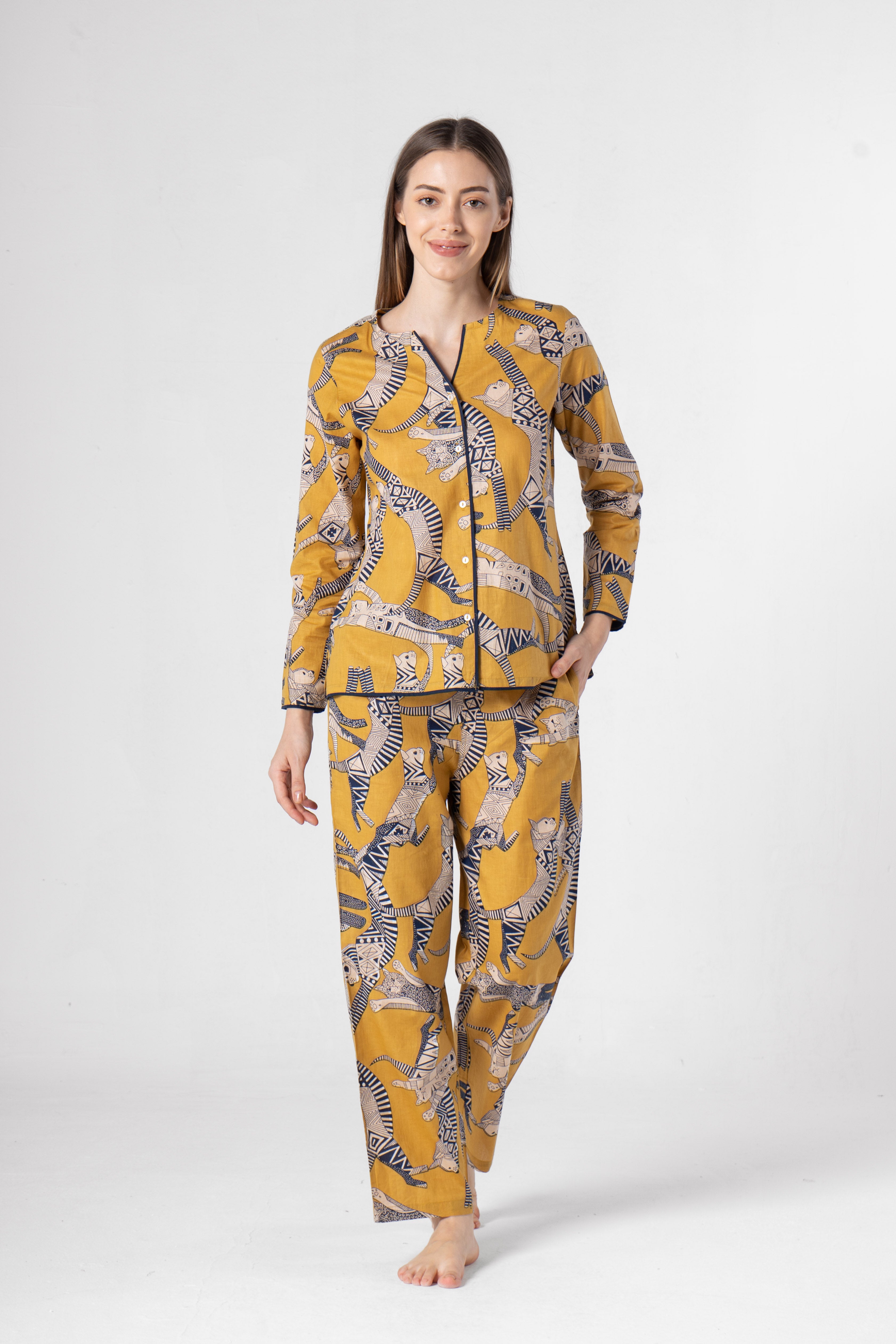 Yellow Animal Print Cotton Night Suit Set