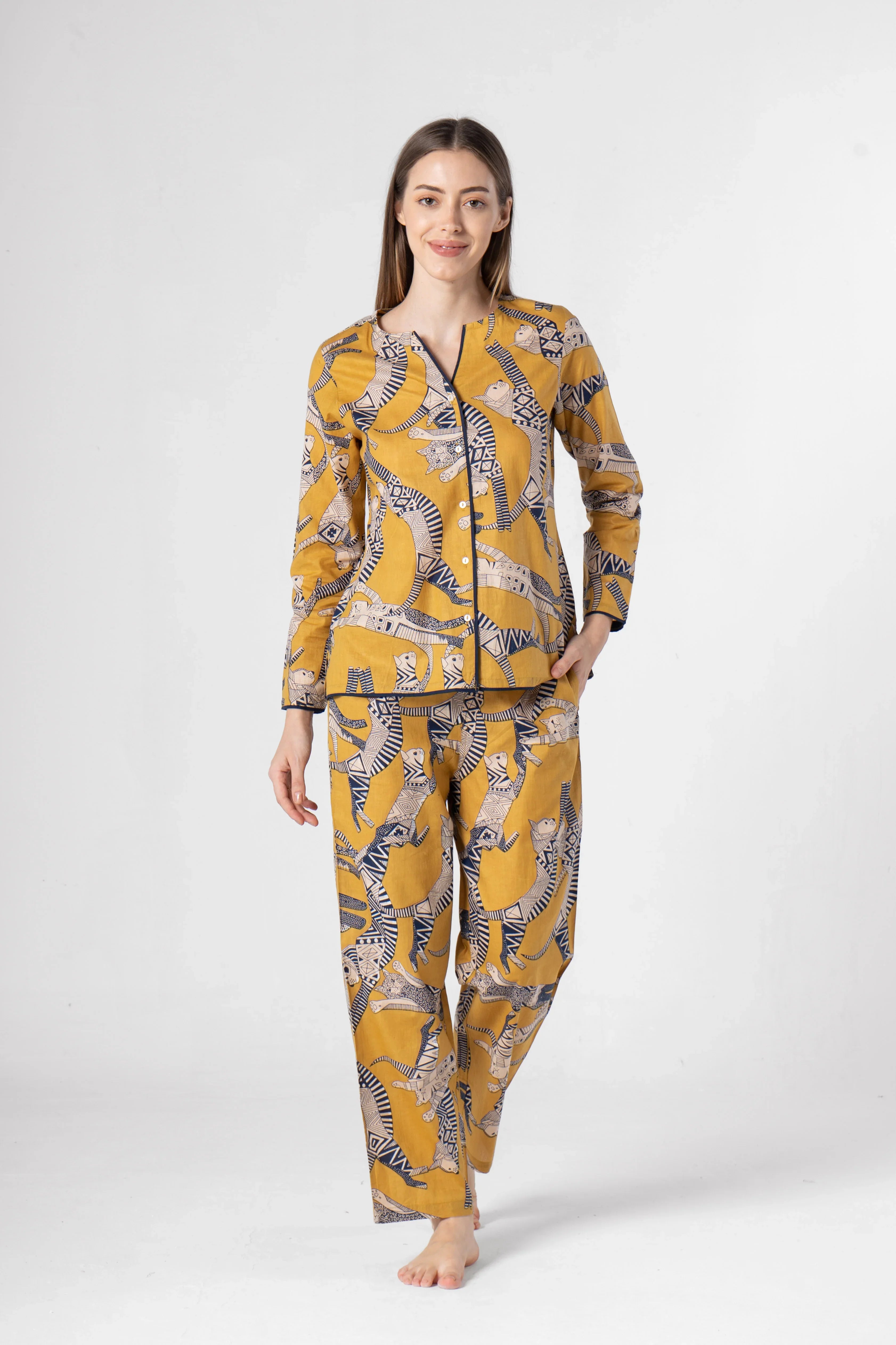 Yellow Animal Print Cotton Night Suit Set - SanskrutiHomes