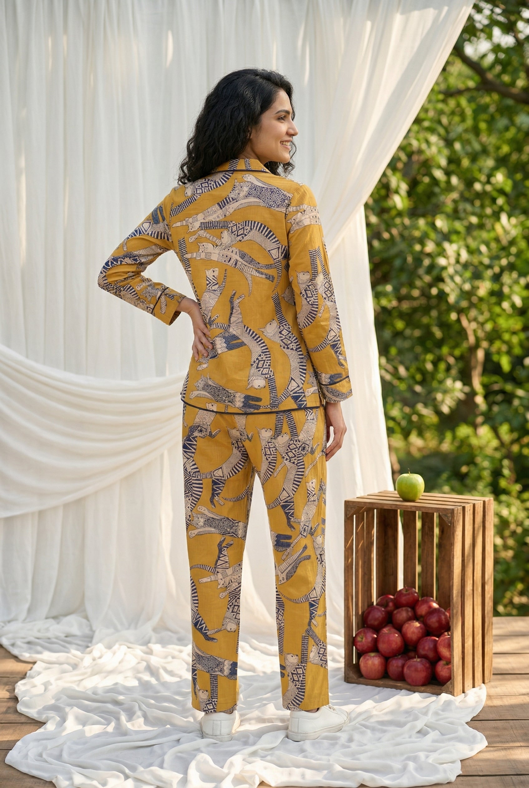 Yellow Round Neck Animal Print Pure Cotton Night Suit For Women