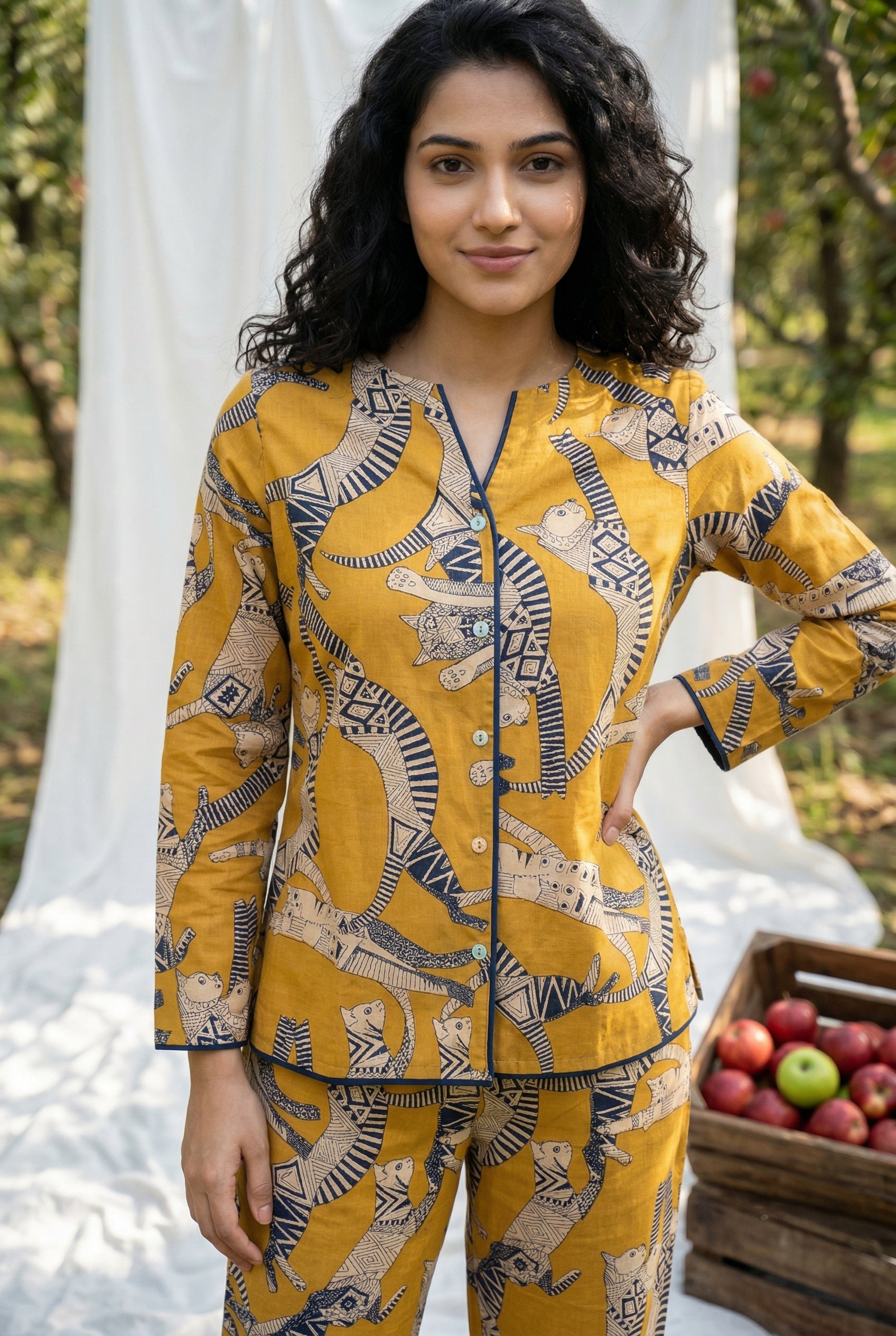 Yellow Round Neck Animal Print Pure Cotton Night Suit For Women