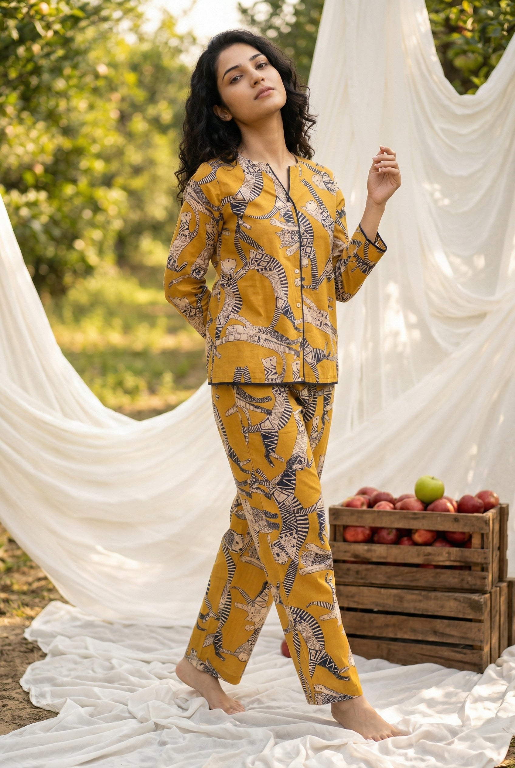 Yellow Round Neck Animal Print Pure Cotton Night Suit For Women