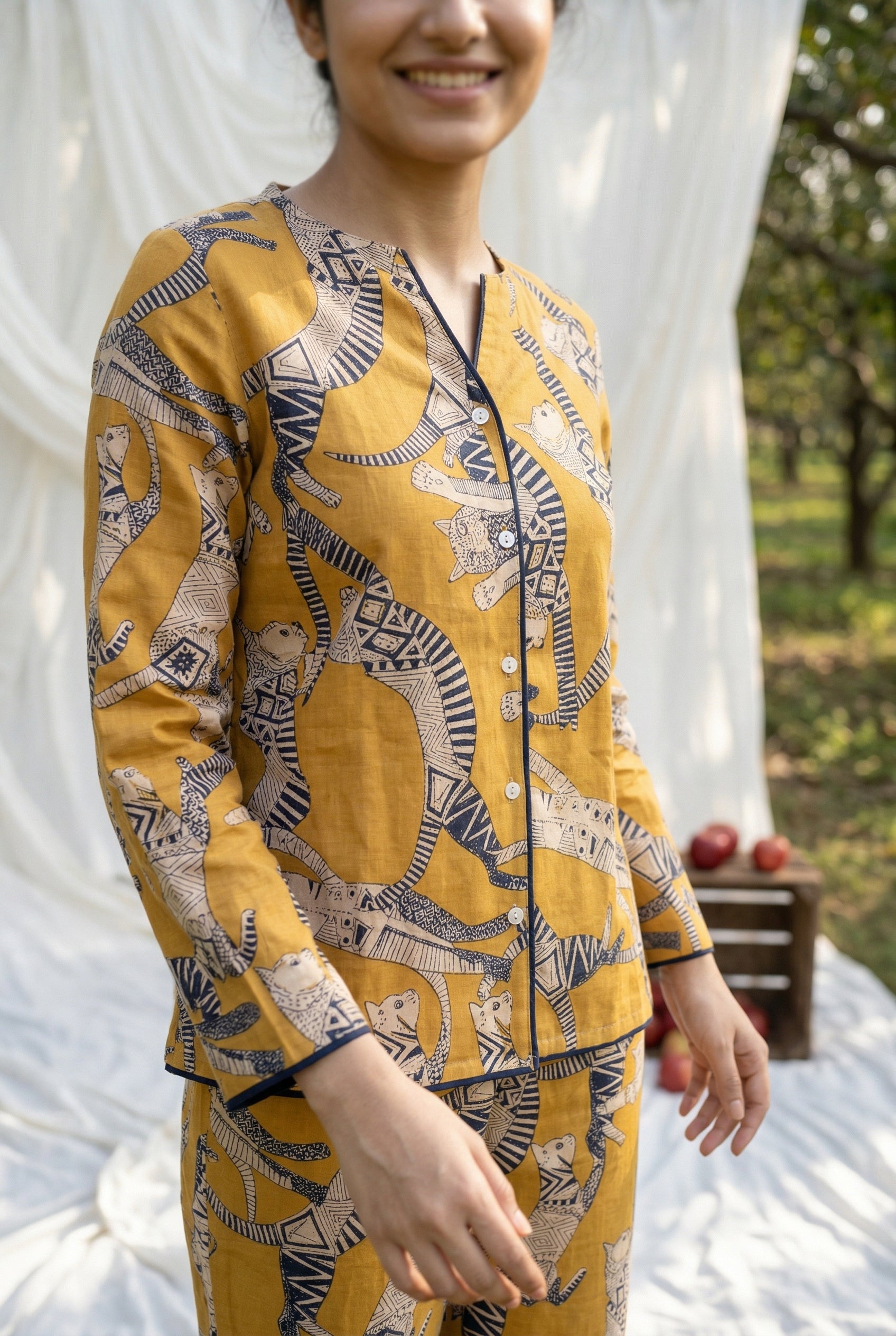 Yellow Round Neck Animal Print Pure Cotton Night Suit For Women