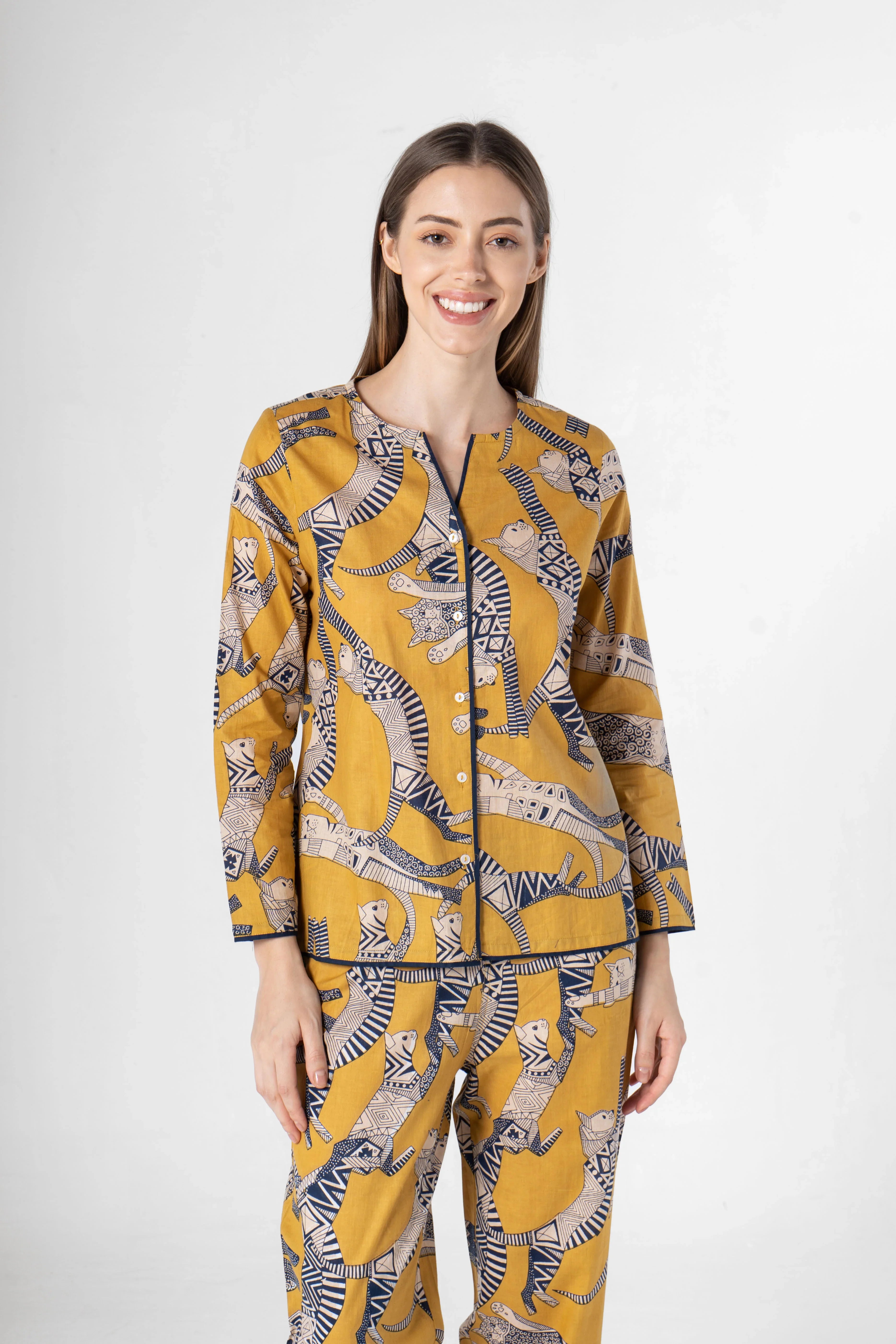 Yellow Animal Print Cotton Night Suit Set - SanskrutiHomes