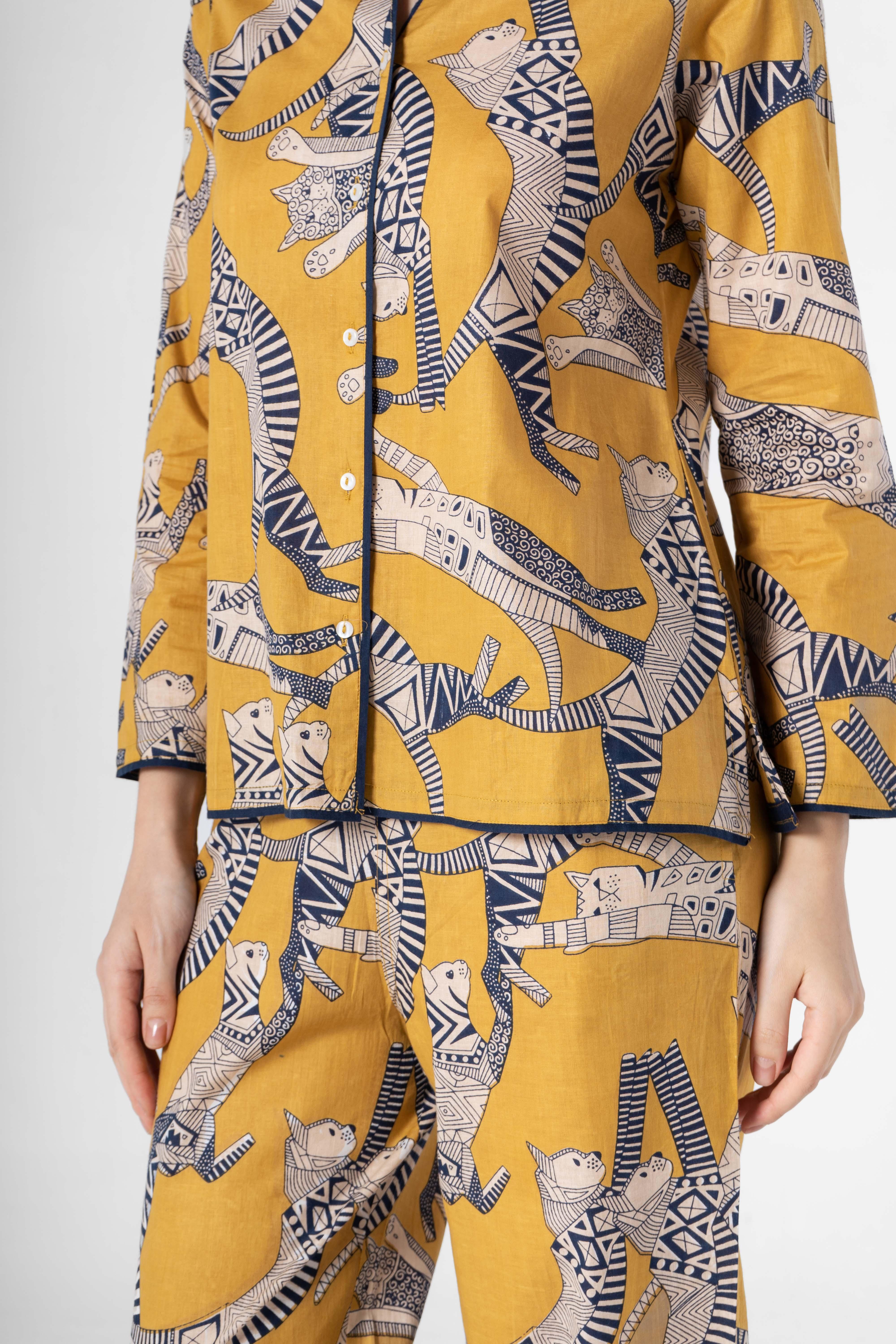Yellow Animal Print Cotton Night Suit Set - SanskrutiHomes