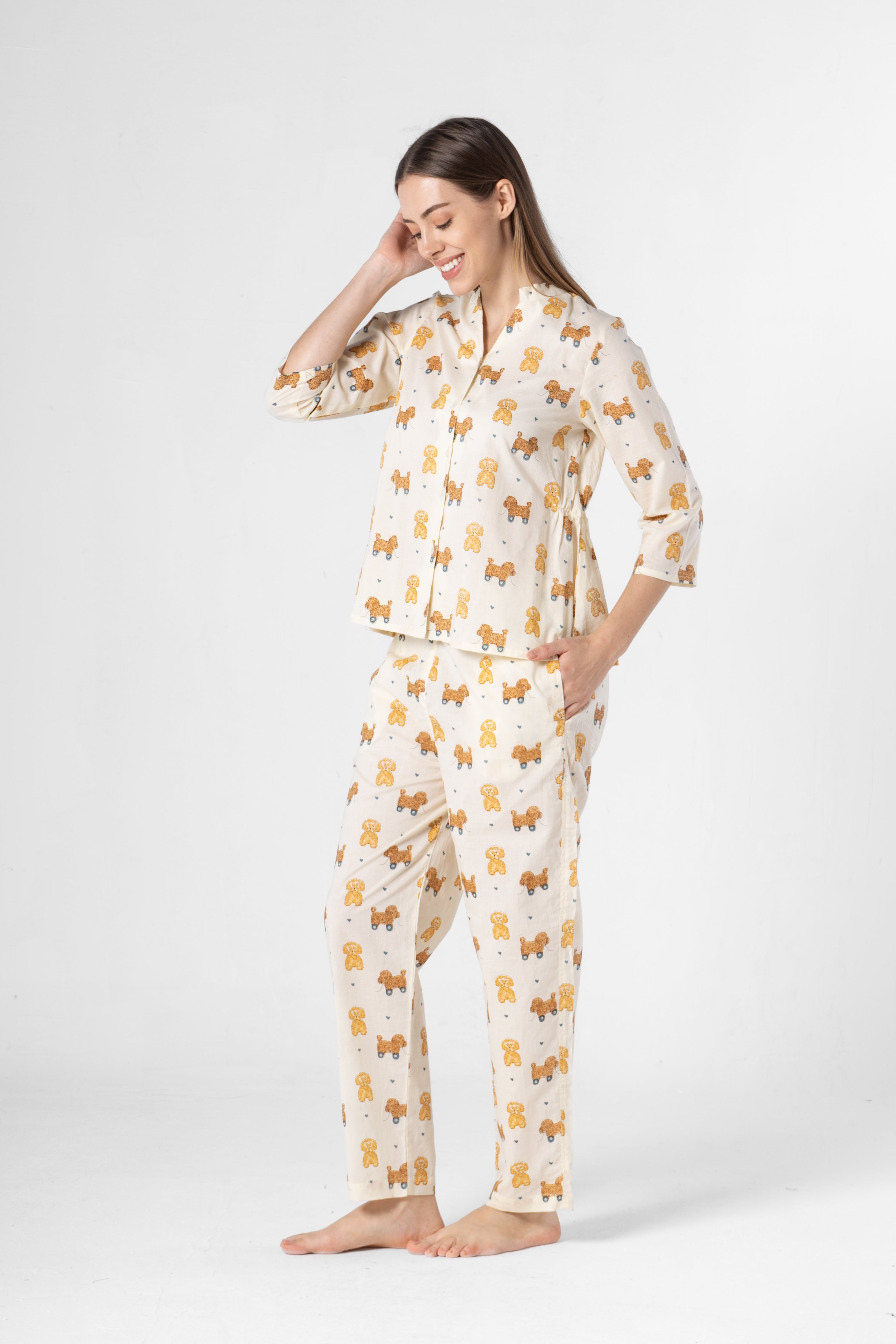 White Animal Print Night Suit for Women - SanskrutiHomes