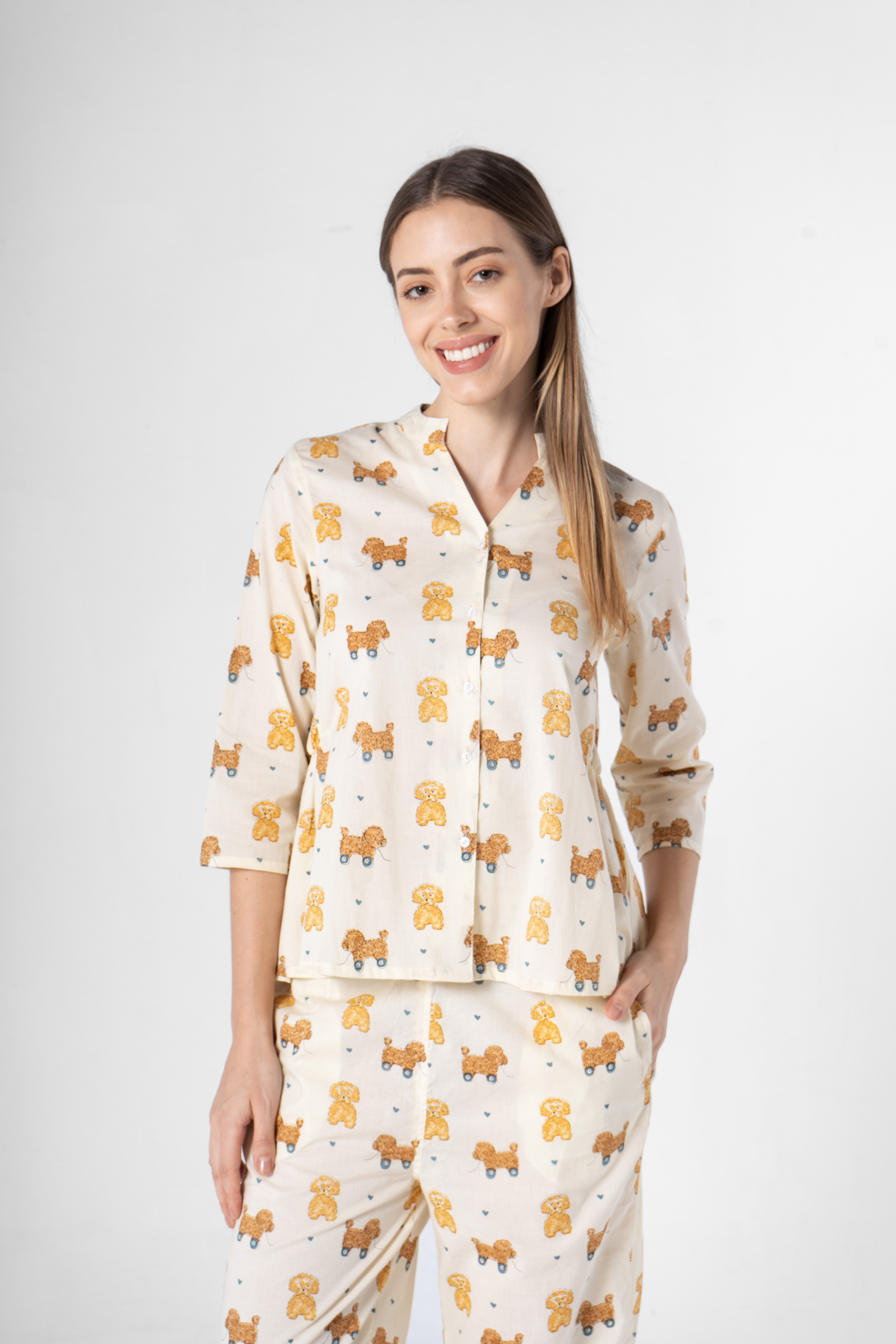 White Animal Print Night Suit for Women - SanskrutiHomes