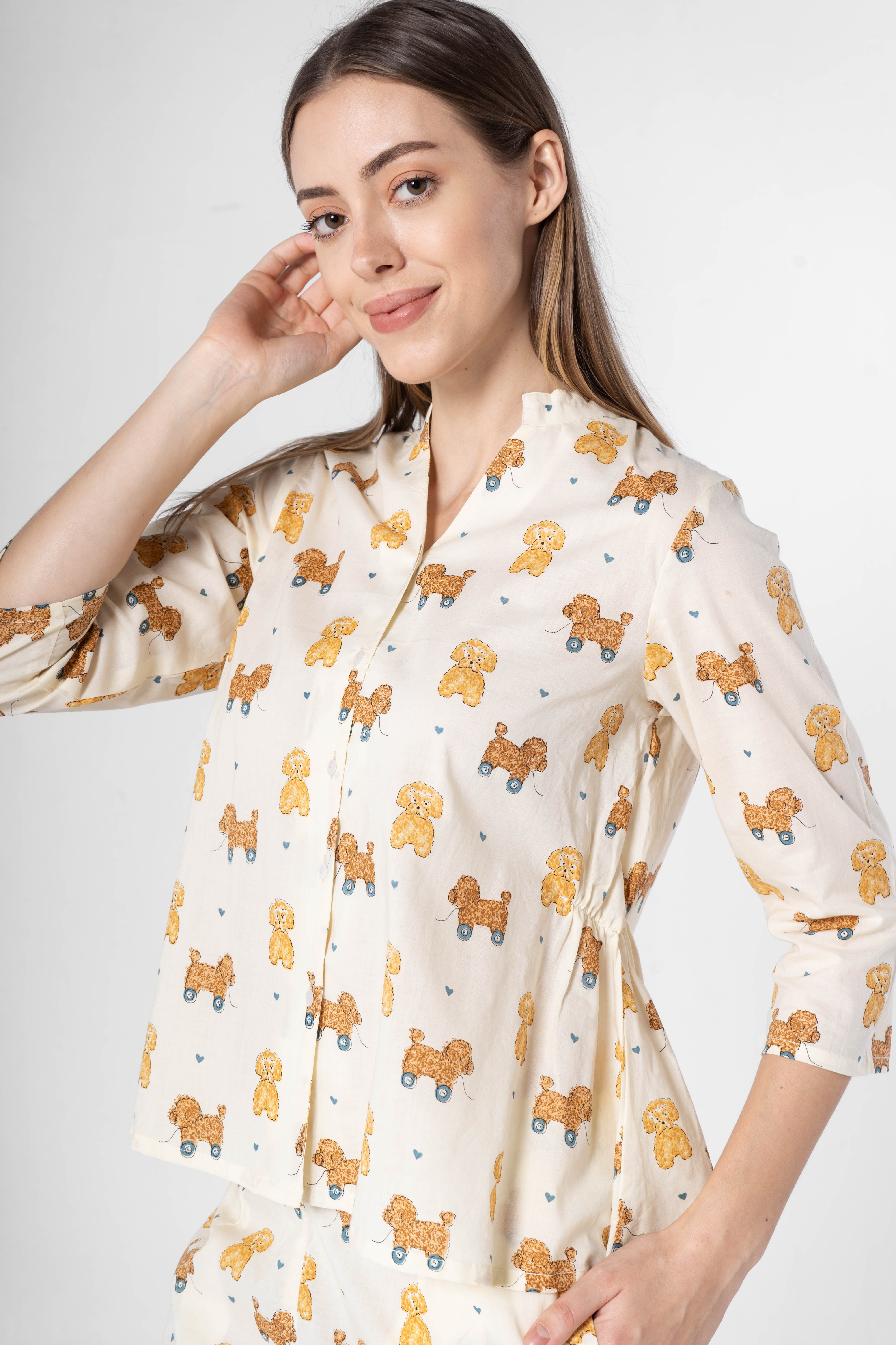 White Animal Print Night Suit for Women - SanskrutiHomes