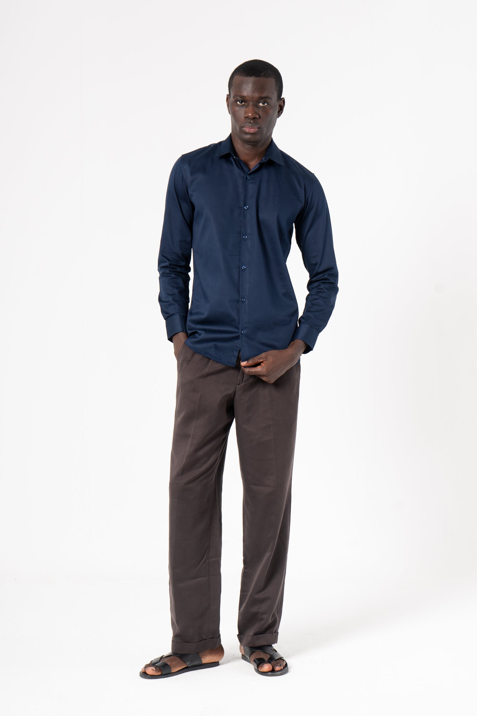 Navy Blue Solid Print Full Sleeve Shirt