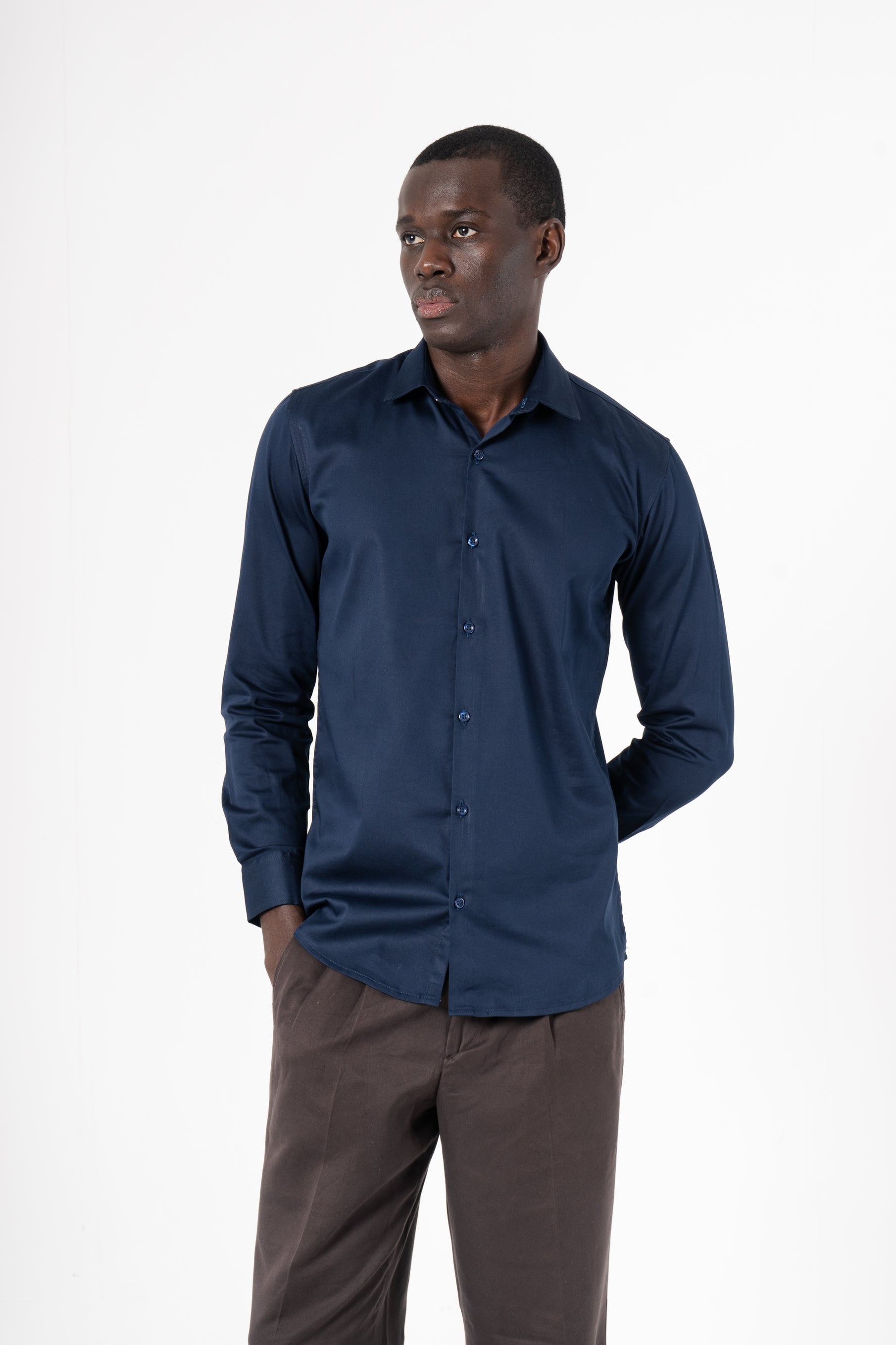 Navy Blue Solid Print Full Sleeve Shirt
