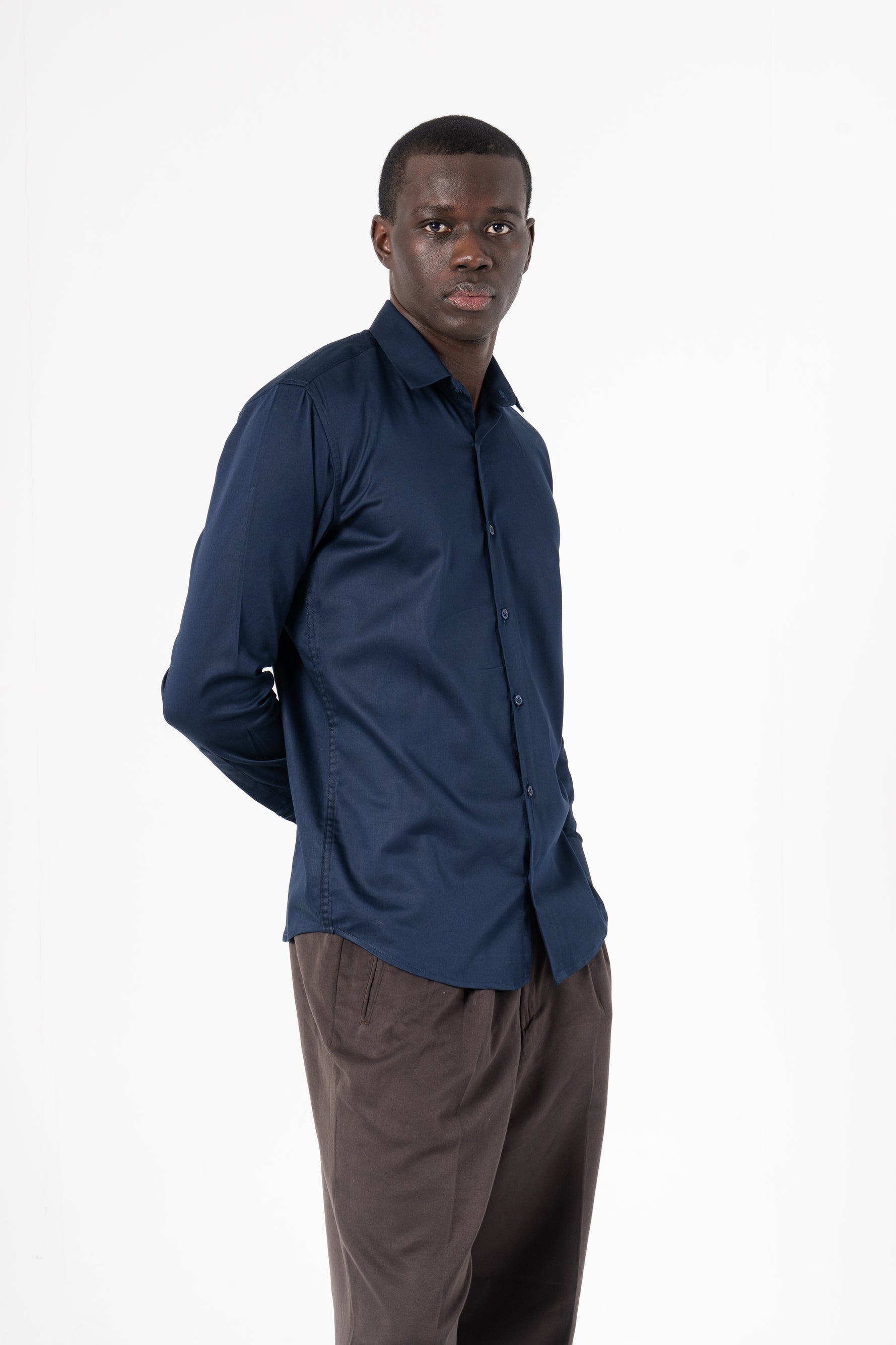 Navy Blue Solid Print Full Sleeve Shirt