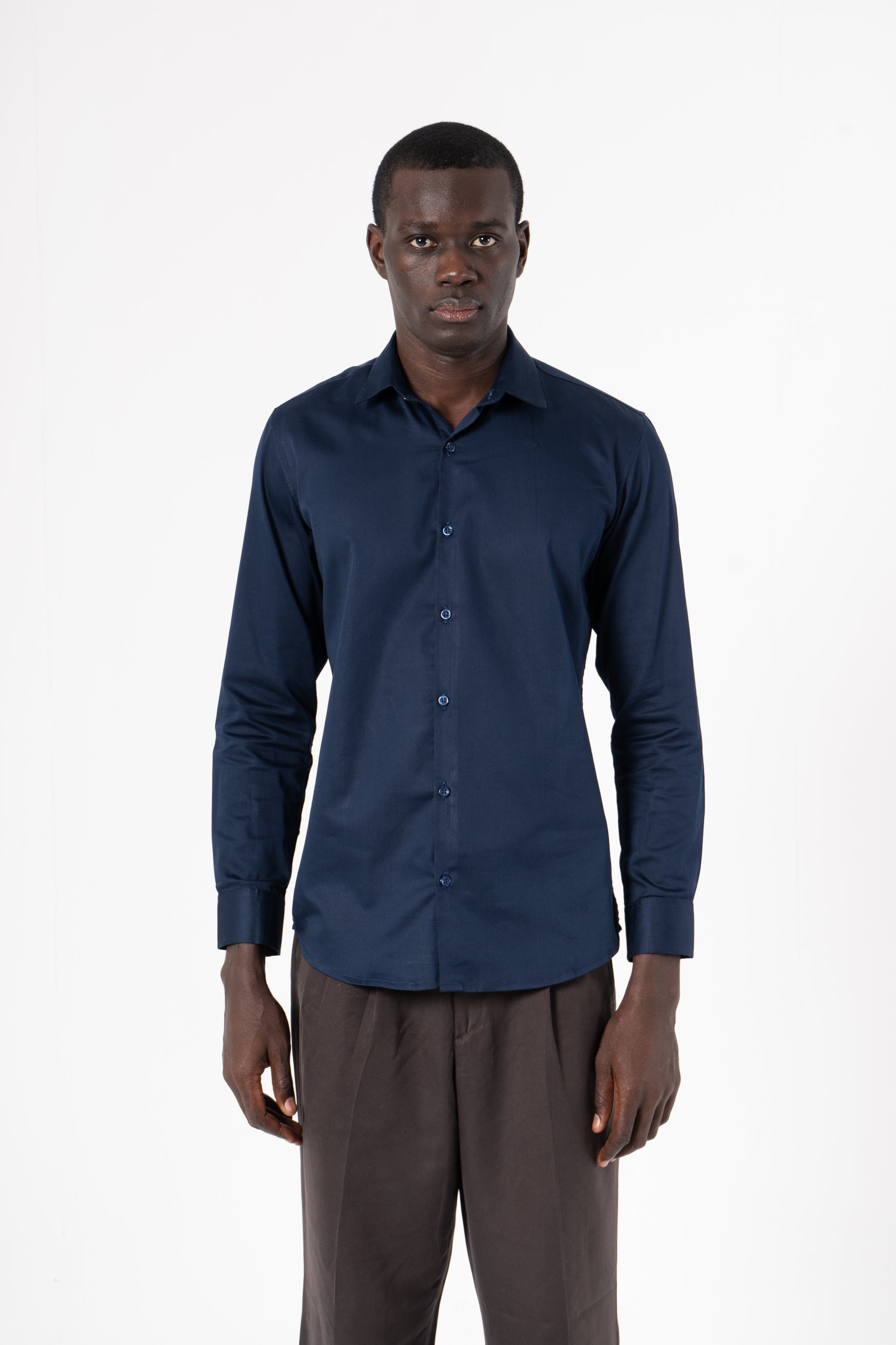 Navy Blue Solid Print Full Sleeve Shirt