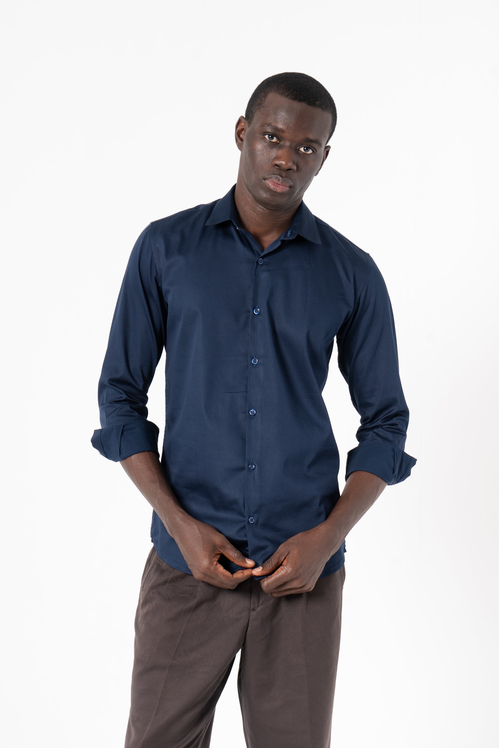 Navy Blue Solid Print Full Sleeve Shirt