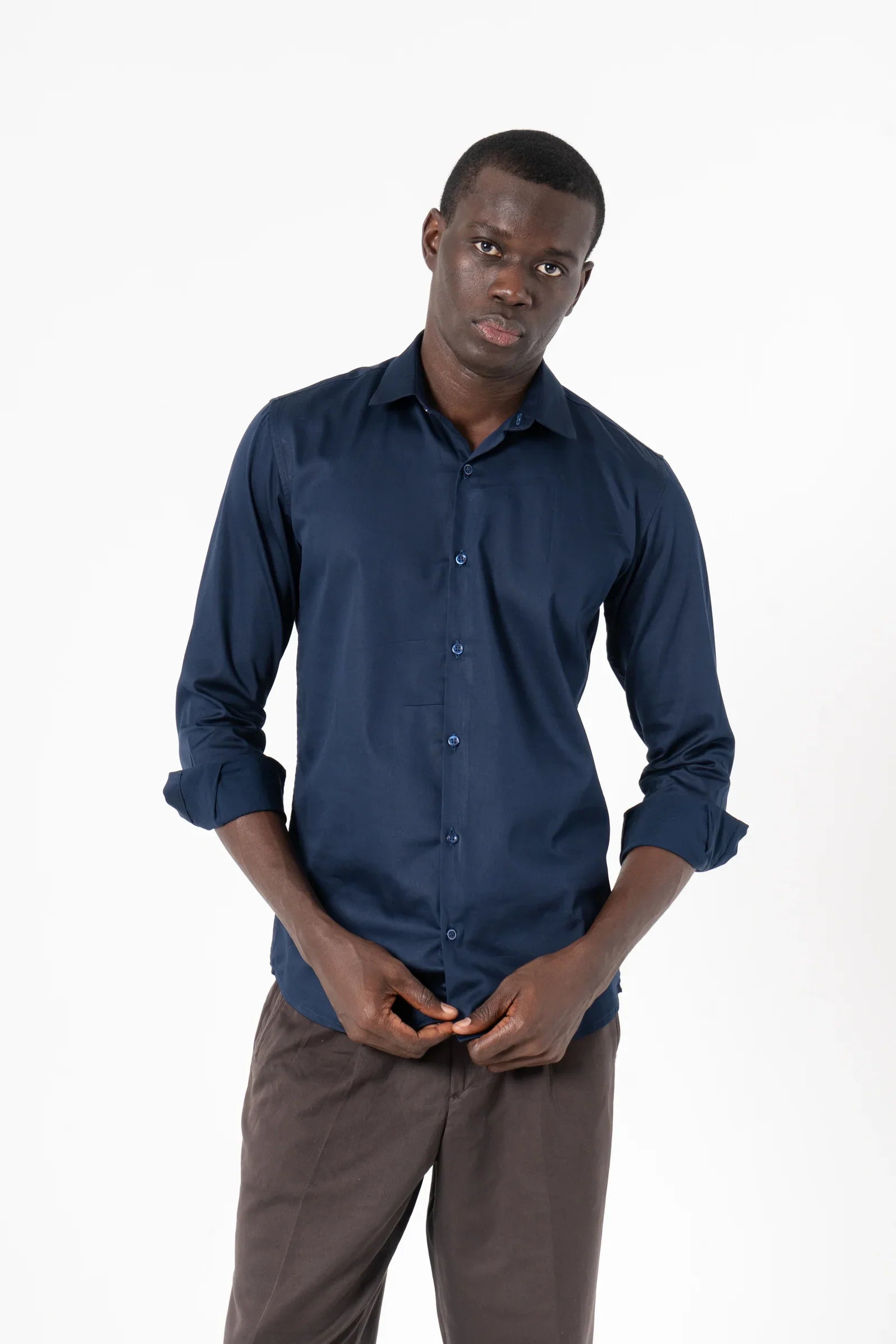 Navy Blue Solid Print Full Sleeve Shirt - SanskrutiHomes