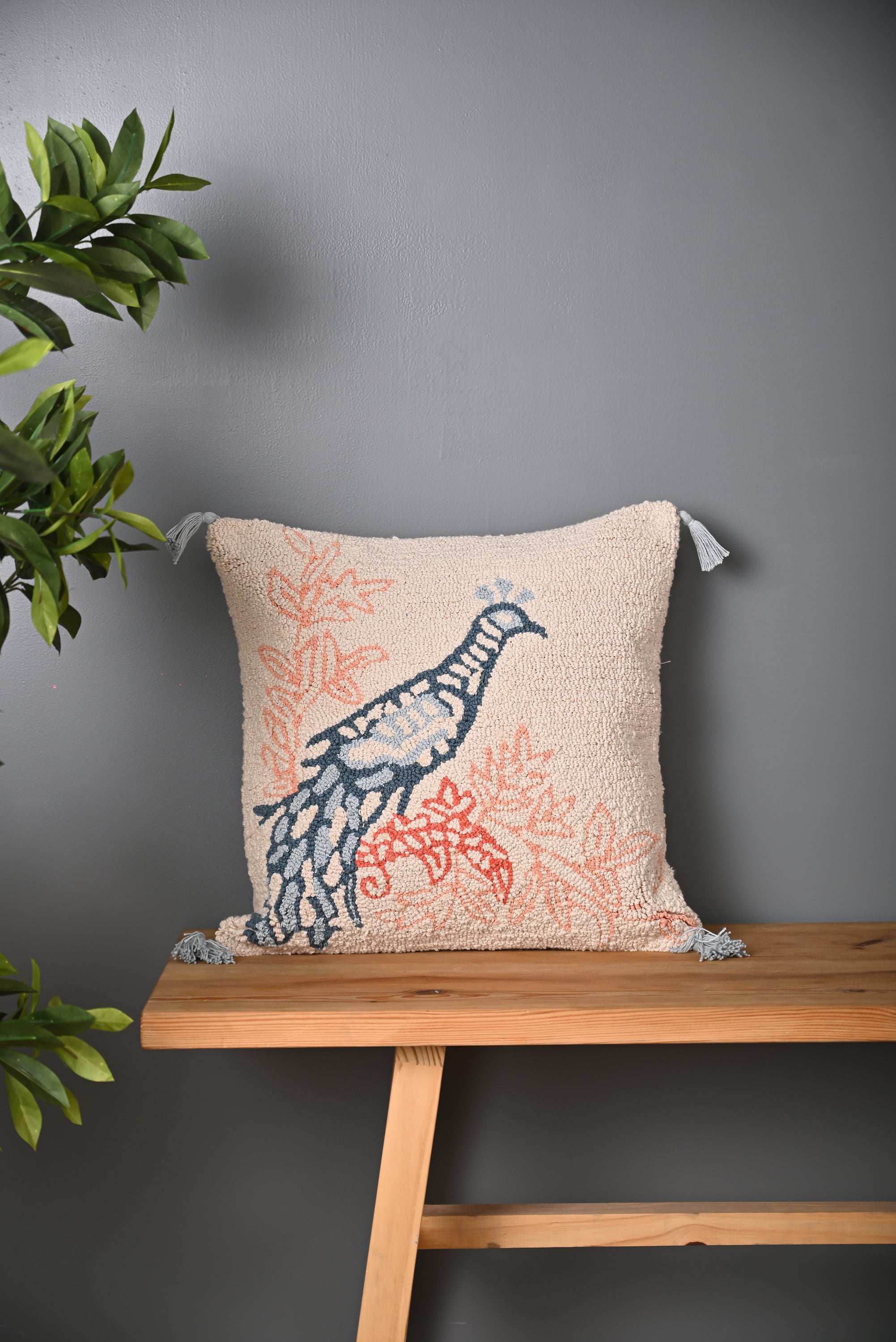 Peacock Design Cotton Truffted Cushion Cover