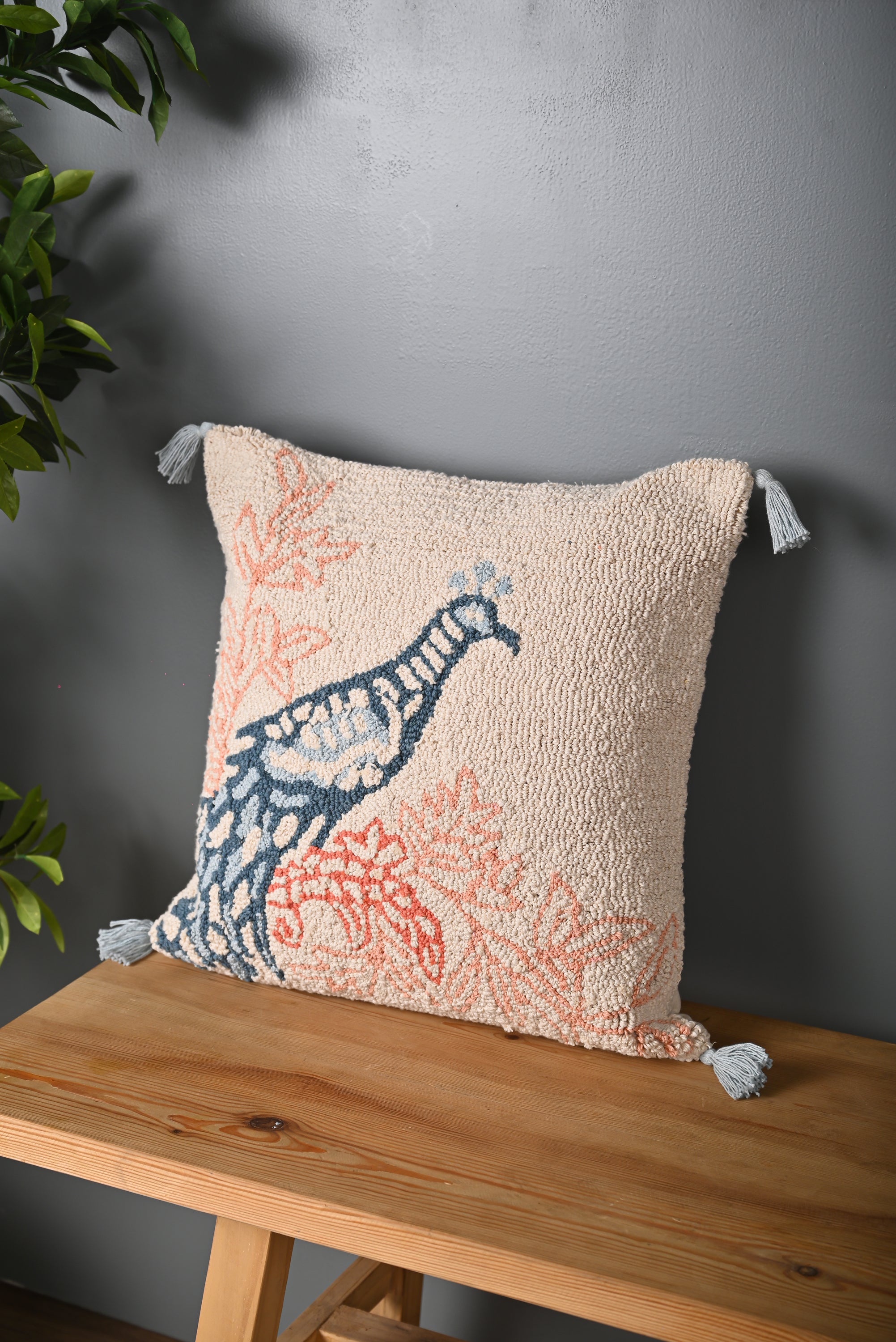 Peacock Design Cotton Truffted Cushion Cover