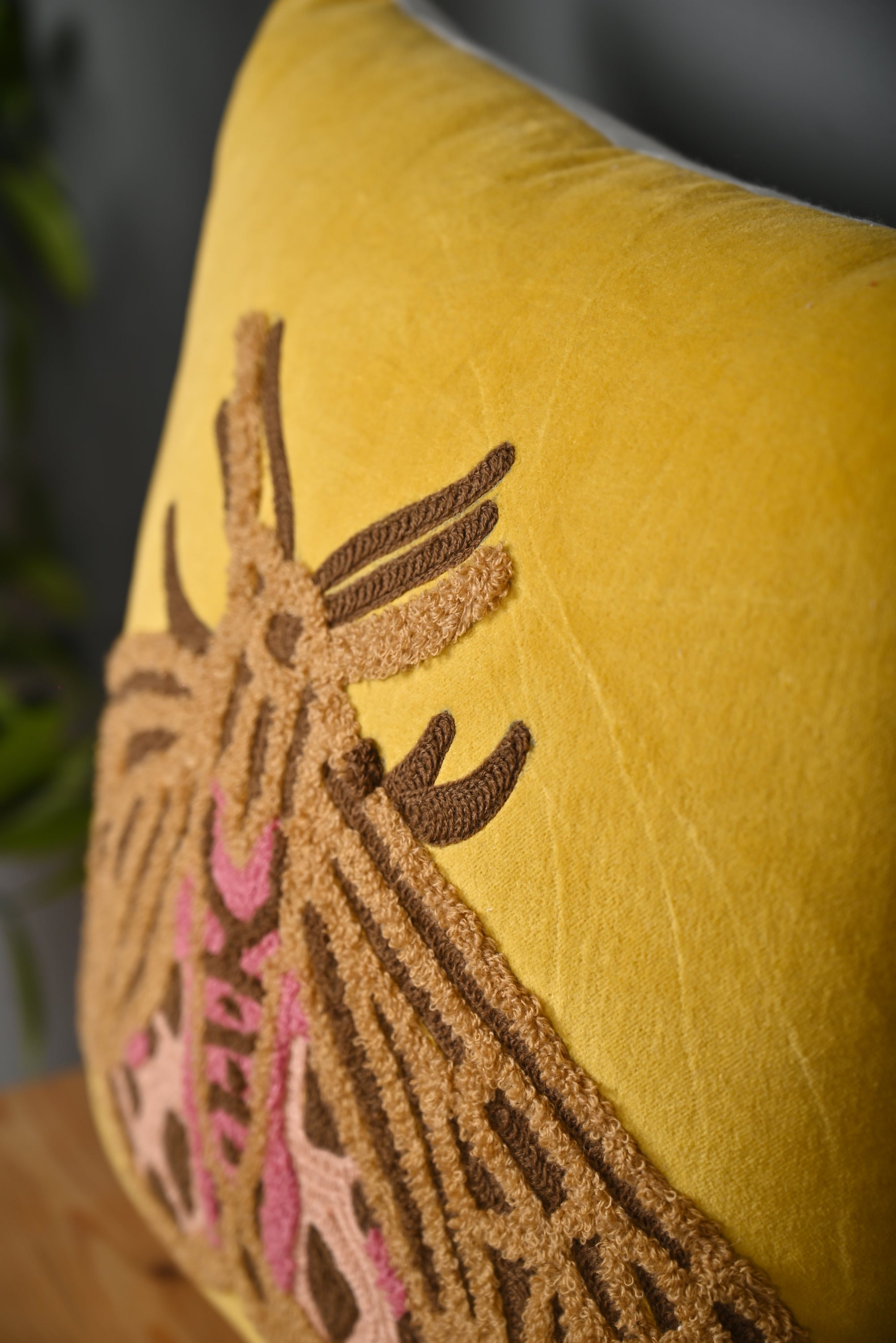 Yellow Beetle Design Velvet Cushion Cover