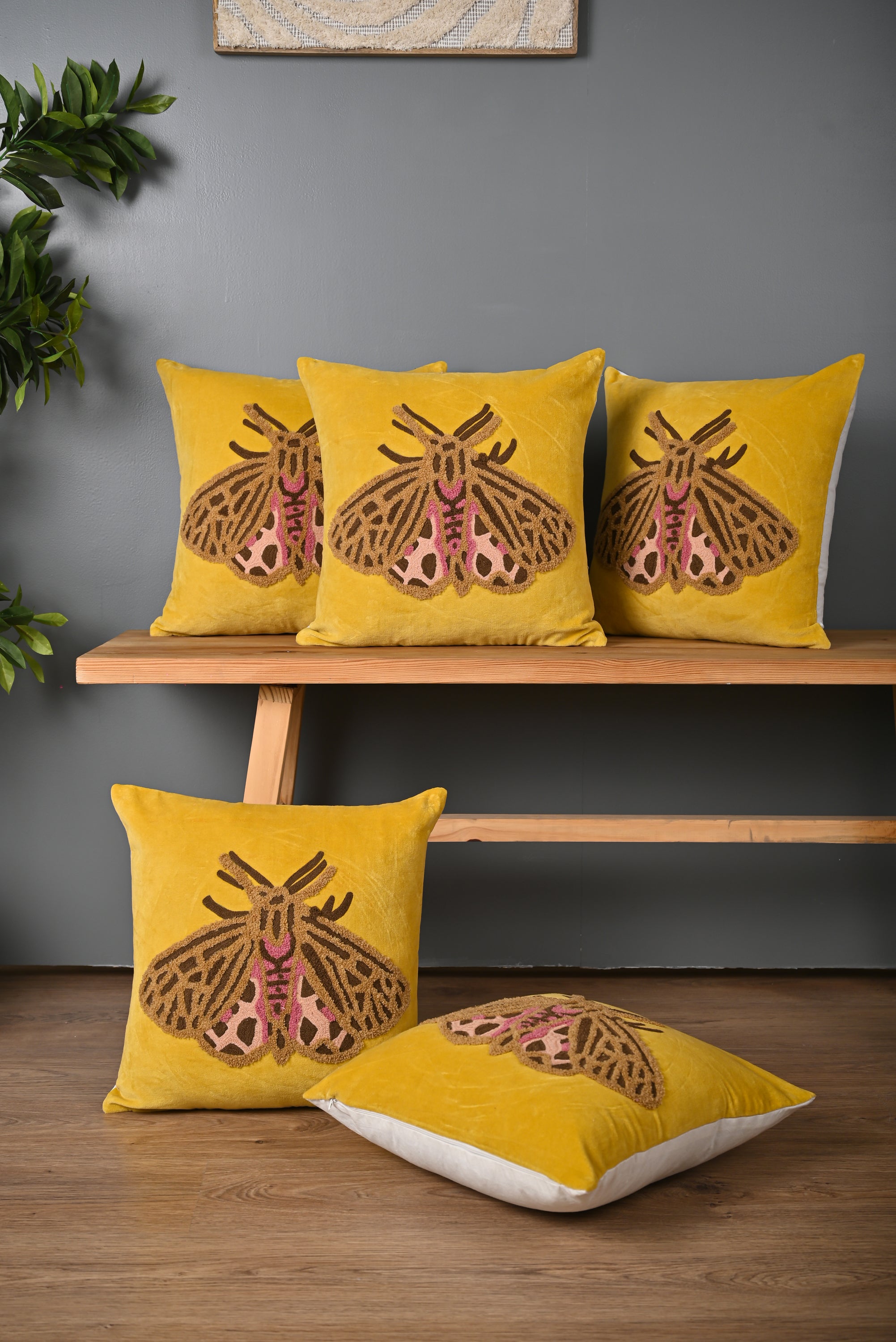 Yellow Beetle Design Velvet Cushion Cover